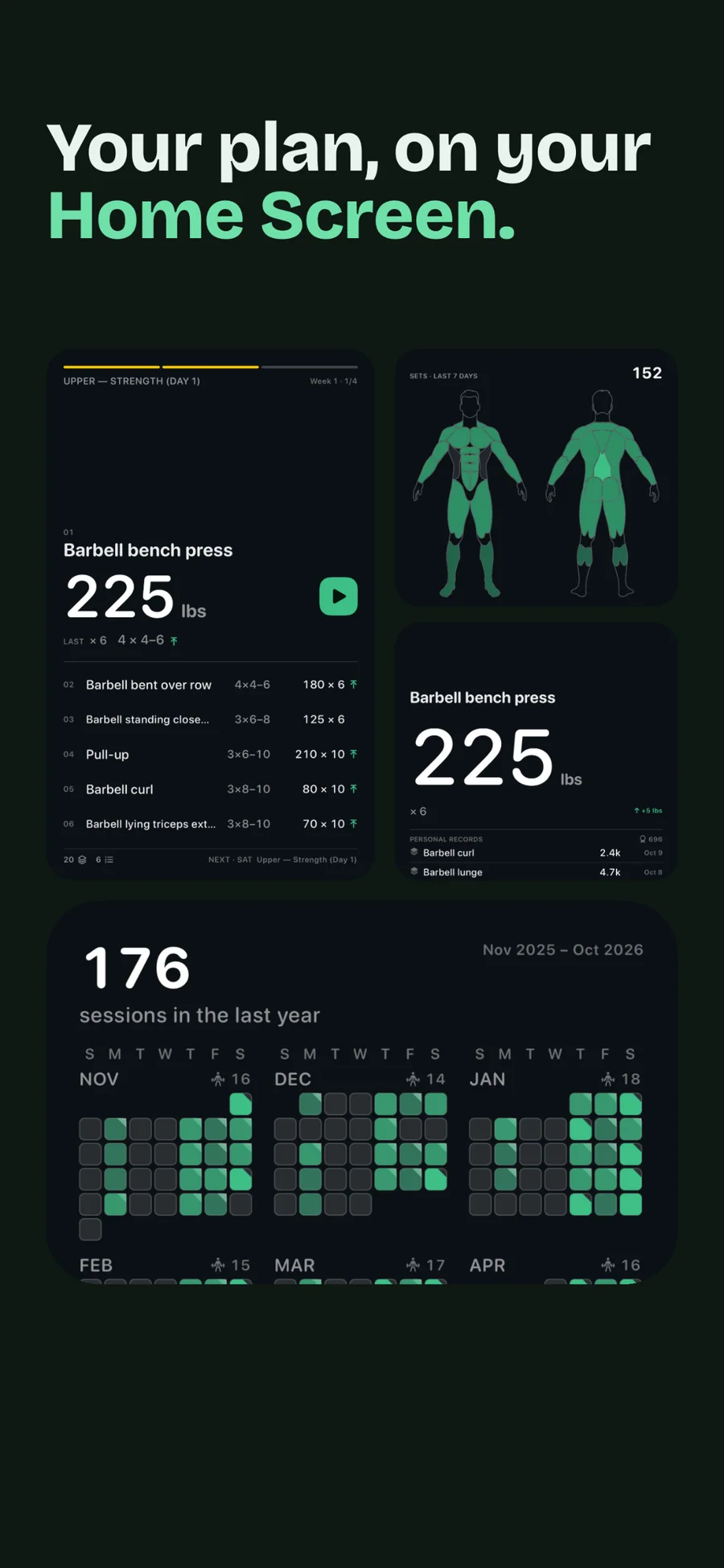 GymLogger X Home Screen widgets with a bench press record, a muscle map, and a year of sessions on a training grid
