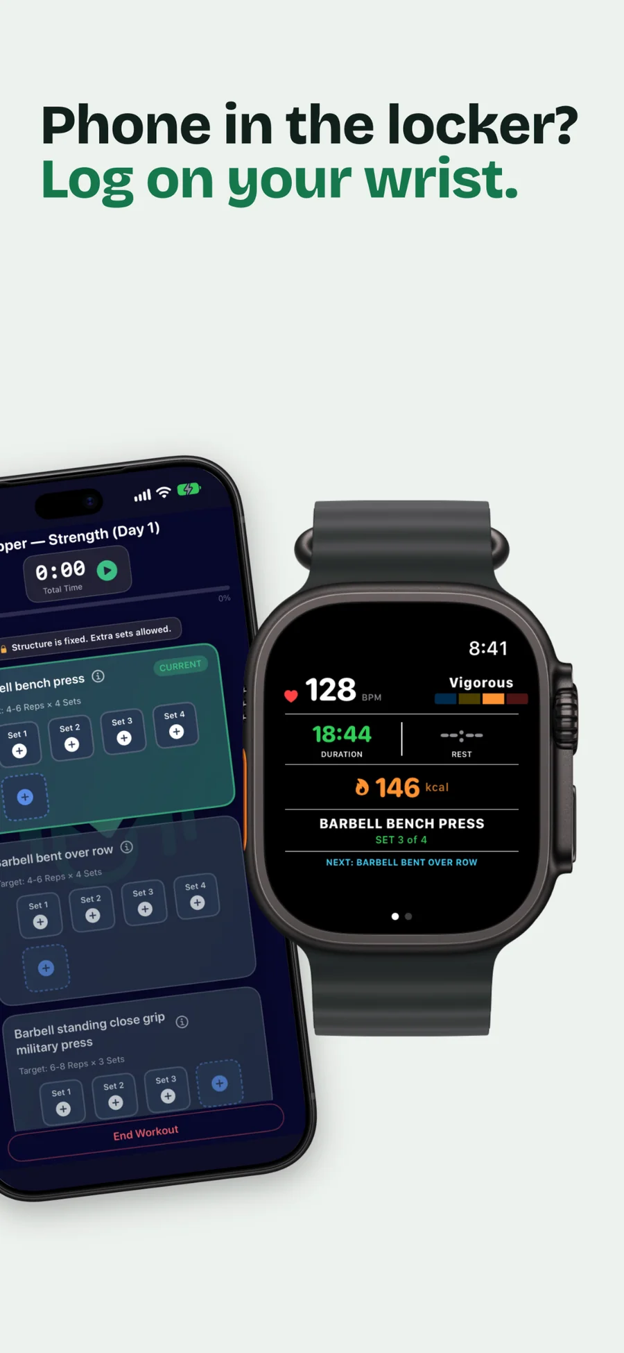 GymLogger X on Apple Watch showing heart rate and calories during barbell bench press, next to the workout on iPhone