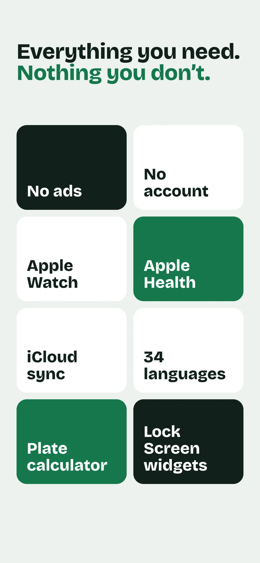GymLogger X feature tiles: no ads, no account, Apple Watch, Apple Health, iCloud sync, plate calculator, and Lock Screen widgets