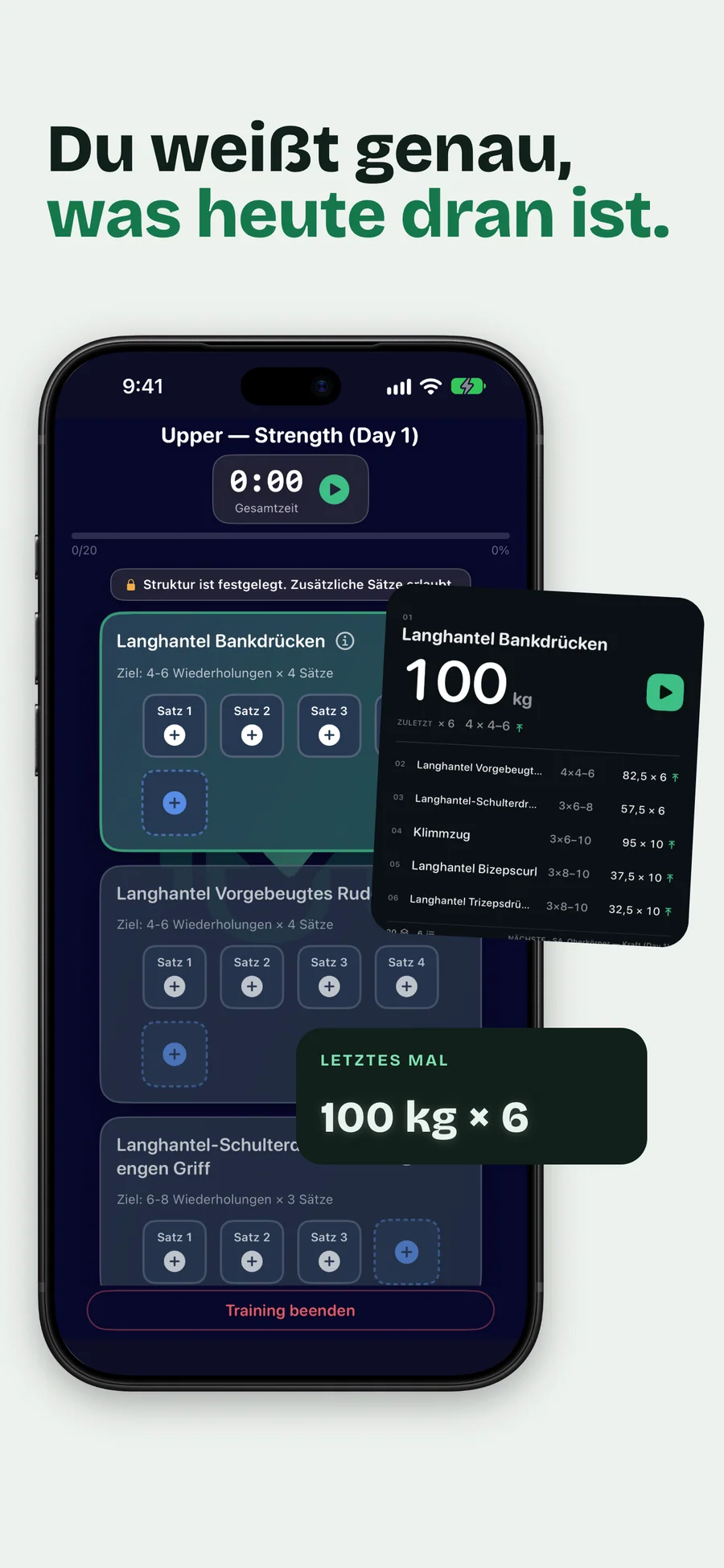 GymLogger X am iPhone: Sätze Bankdrücken mit der Langhantel, daneben die 225 lbs × 6 vom letzten Mal
