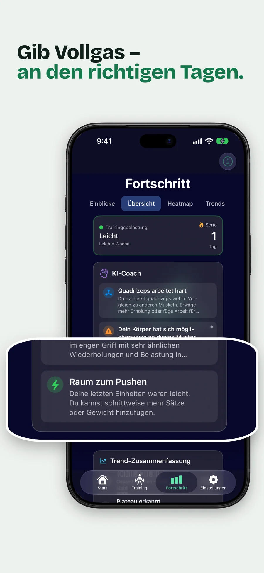 GymLogger X Fortschrittsübersicht mit Trainingsbelastung und dem Hinweis, dass noch Luft nach oben ist
