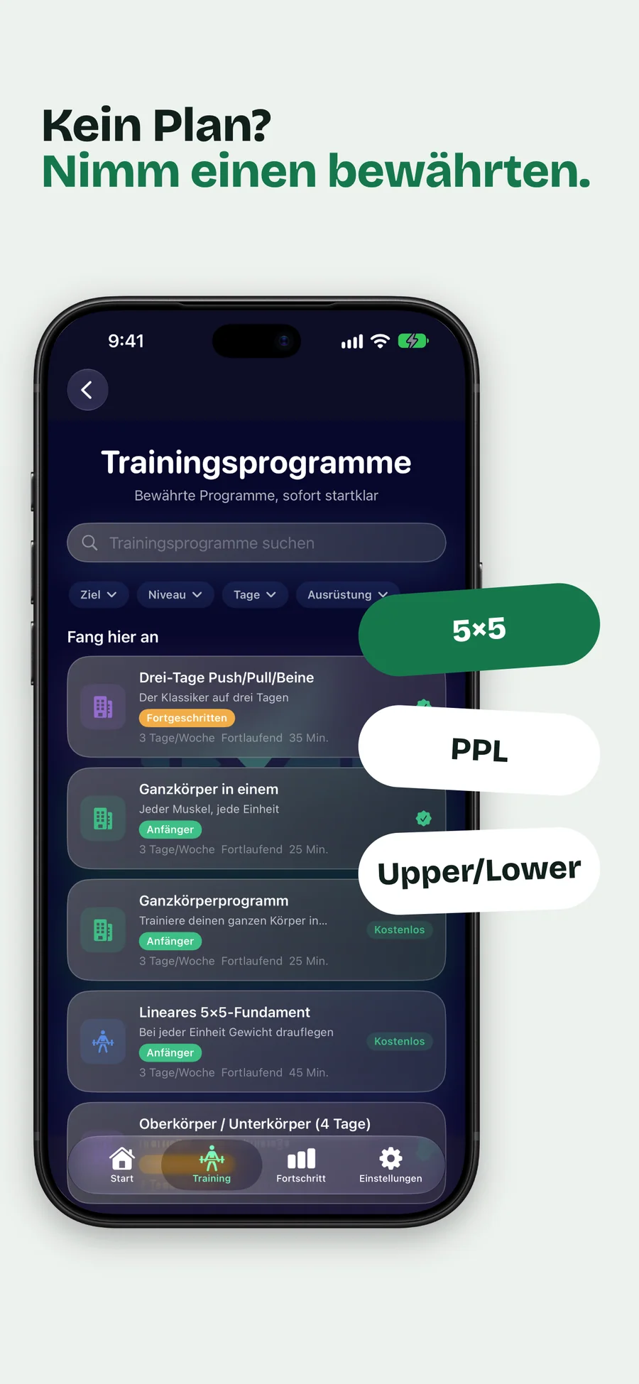 GymLogger X Katalog der Trainingsprogramme mit Filtern und Programmen wie Linear 5×5 Foundation und Oberkörper / Unterkörper