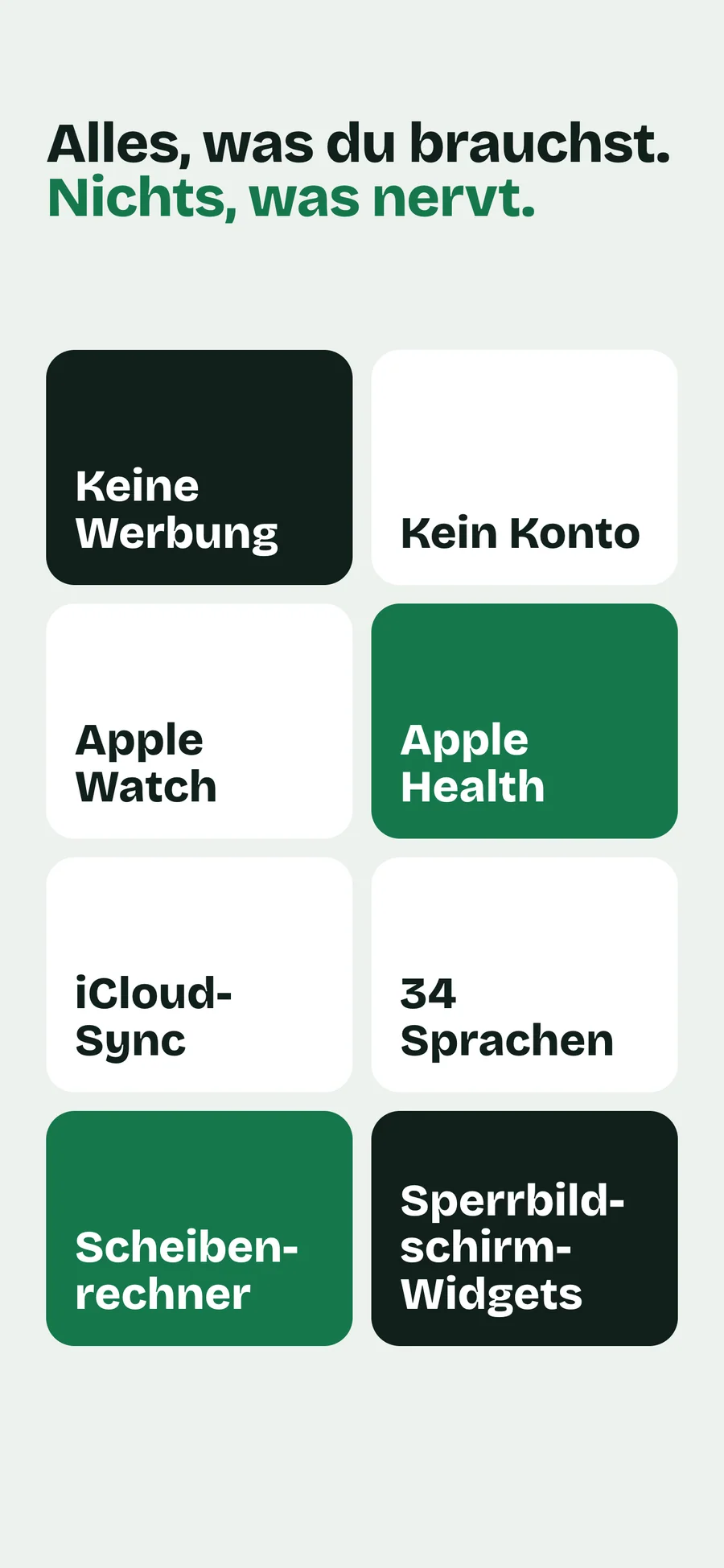 GymLogger X Funktionskacheln: keine Werbung, kein Konto, Apple Watch, Apple Health, iCloud-Synchronisierung, Scheibenrechner und Widgets für den Sperrbildschirm