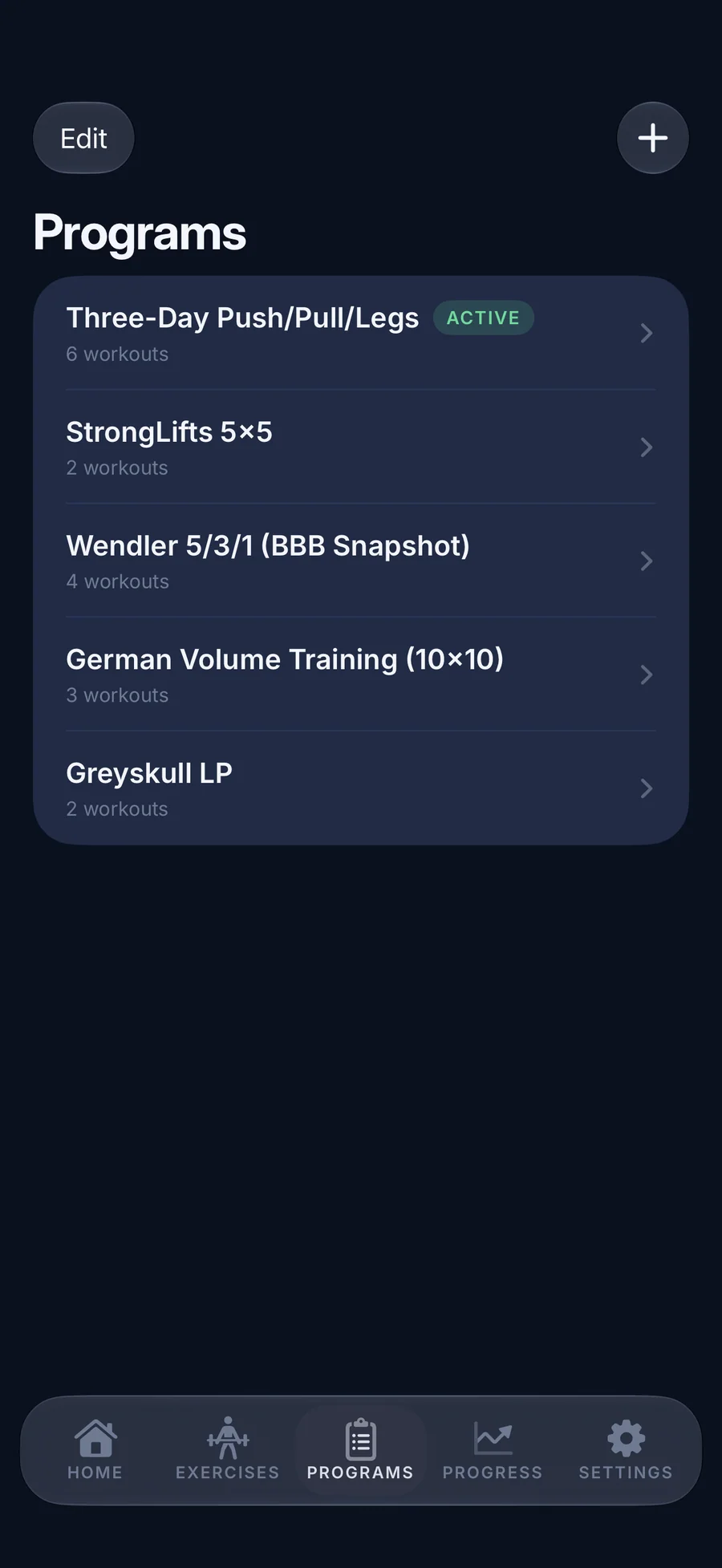 LiftLog home screen with the next workout and recent sessions
