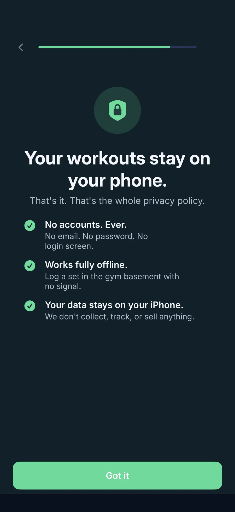 LiftLog privacy screen: workouts stay on your phone with no account