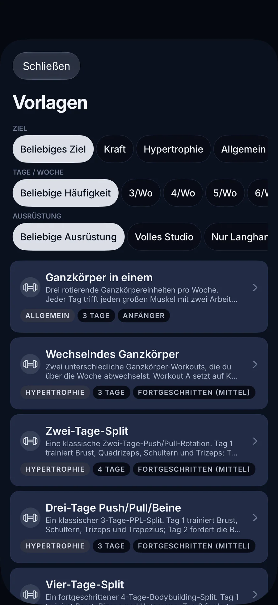 LiftLog-Vorlagenkatalog mit Filtern für Ziel und Häufigkeit