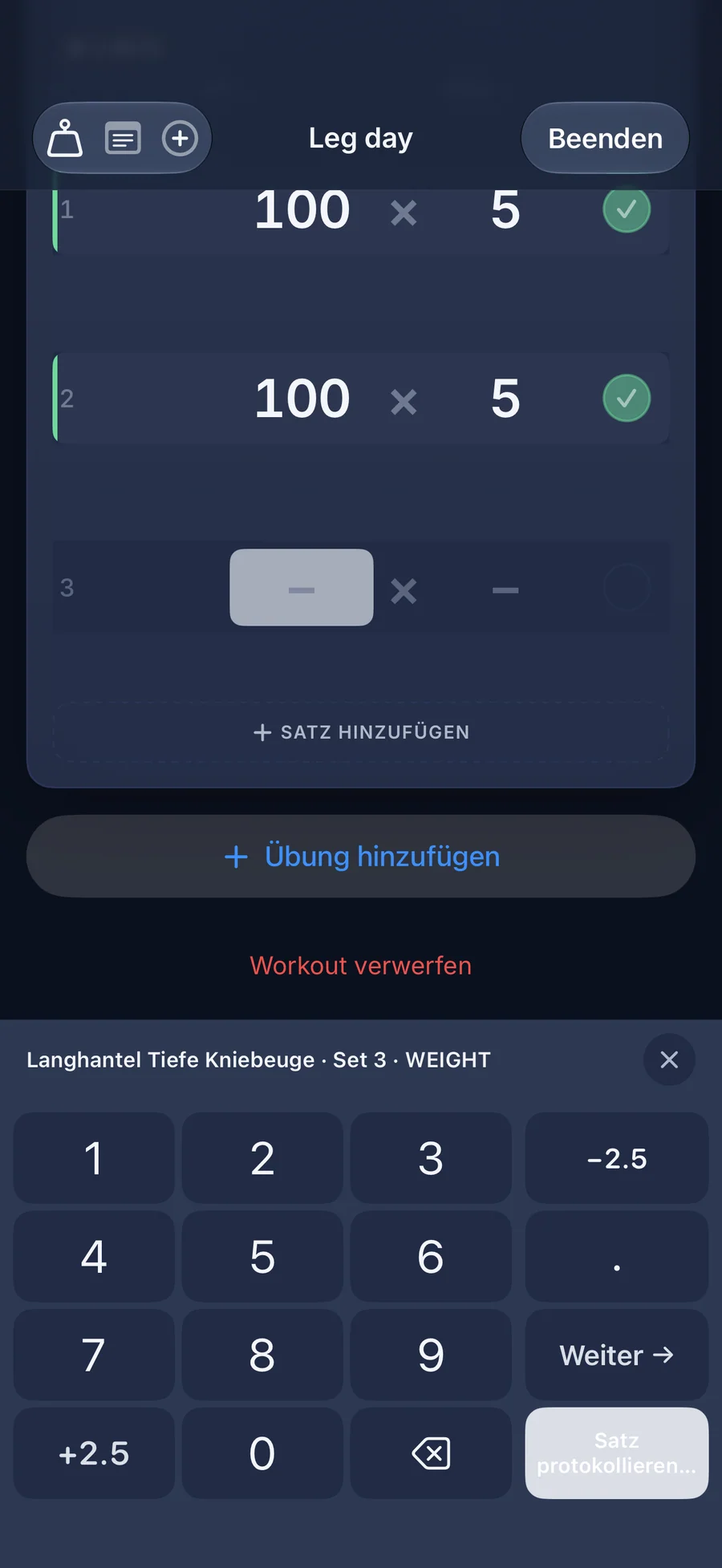 LiftLog: persönliche Bestwerte und Wiederholungsrekorde mit Diagramm des geschätzten 1WM