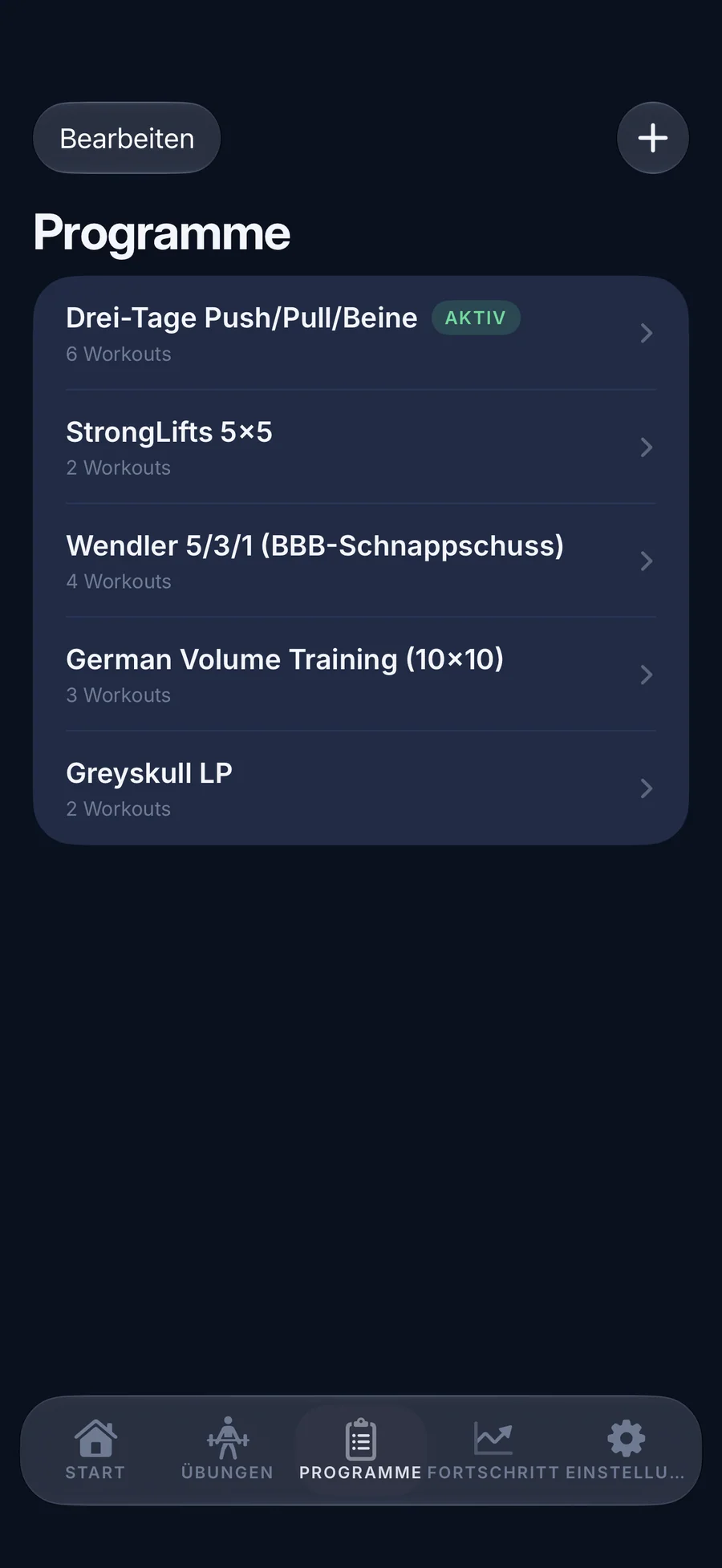 LiftLog-Startbildschirm mit dem nächsten Workout und den letzten Einheiten