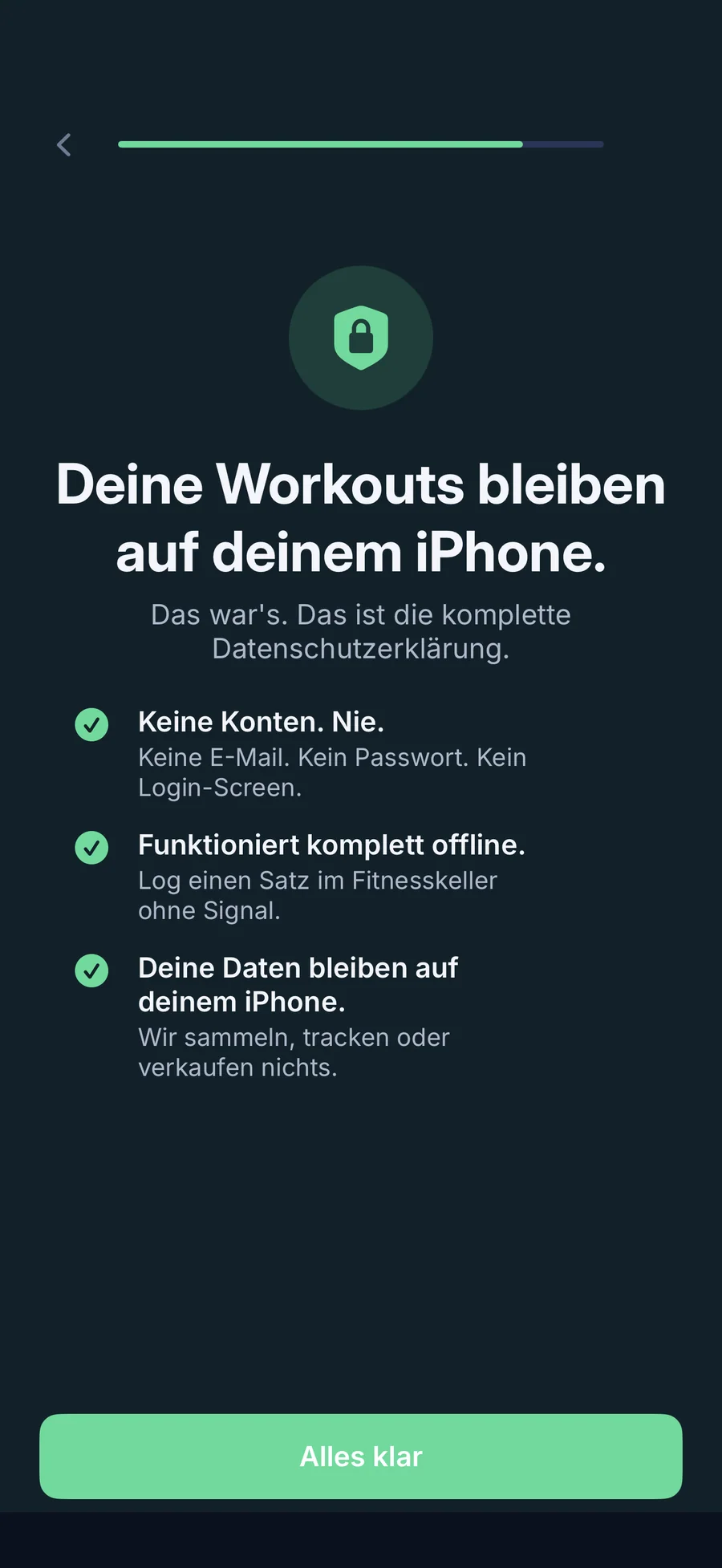 LiftLog-Datenschutzseite: Workouts bleiben auf deinem iPhone, kein Konto nötig