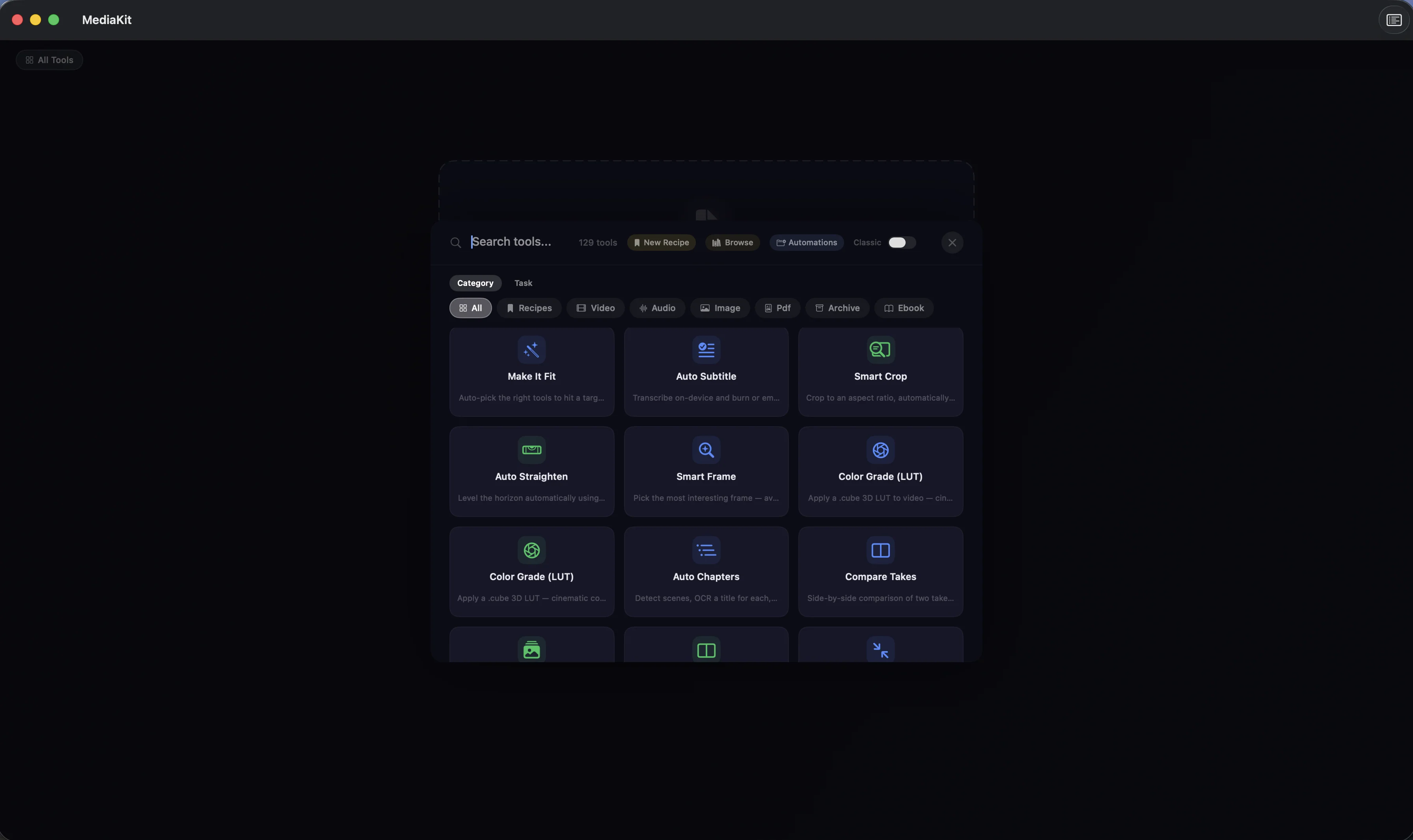 MediaKit on Mac: the tool grid with search and the Video, Audio, Image, PDF, Archive, and Ebook categories