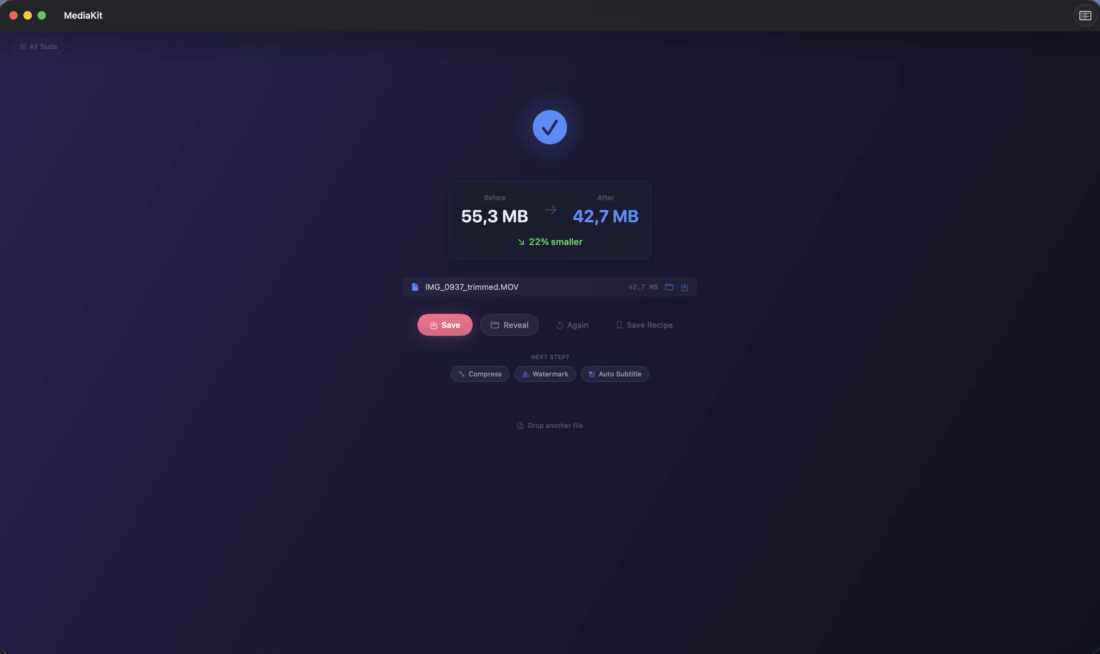 MediaKit after compressing a video: 55.3 MB before, 42.7 MB after, 22% smaller