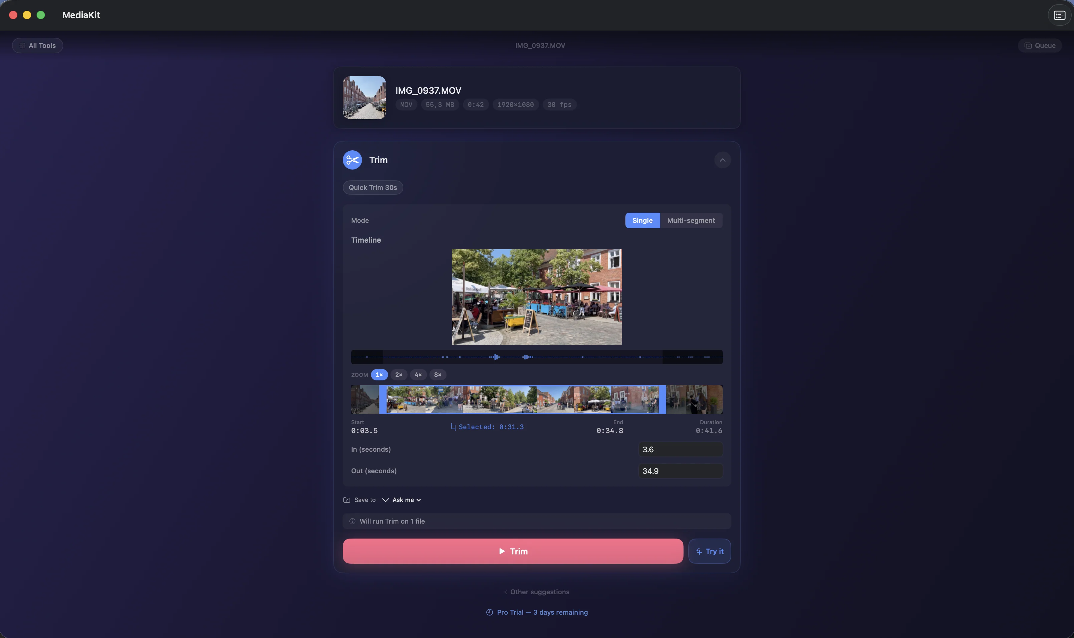 Trimming a MOV video in MediaKit with a timeline and start and end points