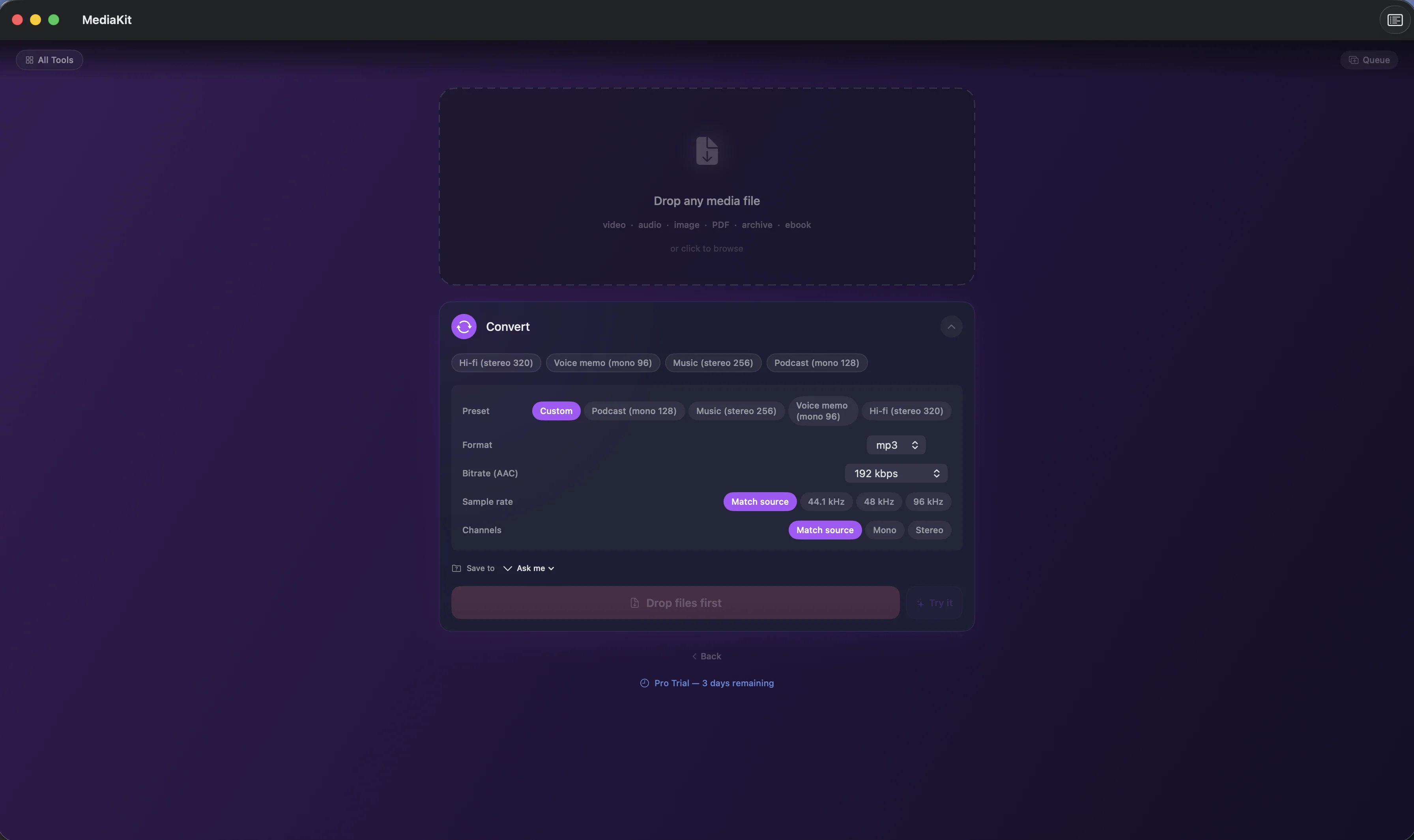 Audio Convert in MediaKit with Podcast, Music, Voice memo, and Hi-fi presets and format, bitrate, sample rate, and channel options