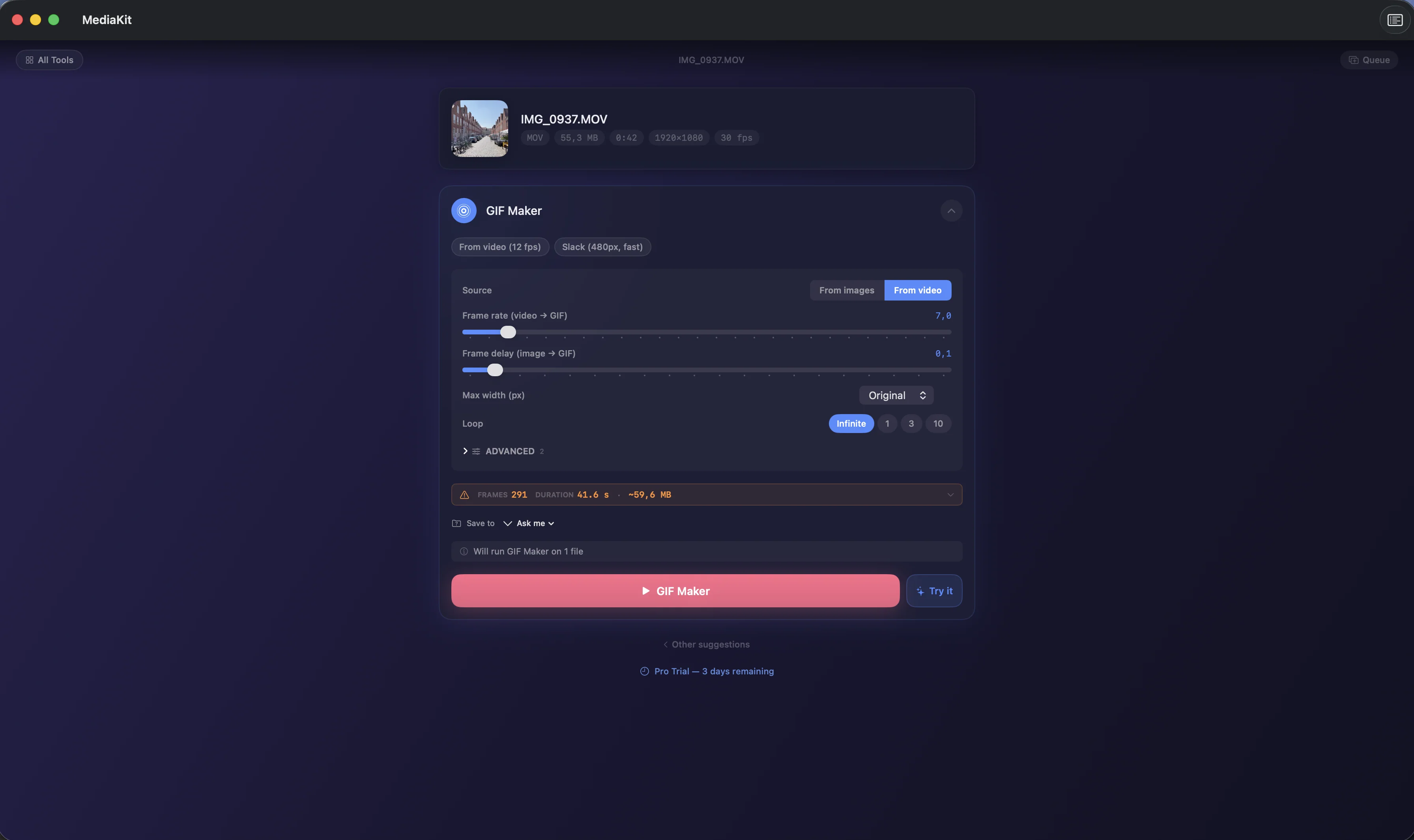 Making a GIF from a video in MediaKit with frame rate, maximum width, and loop settings
