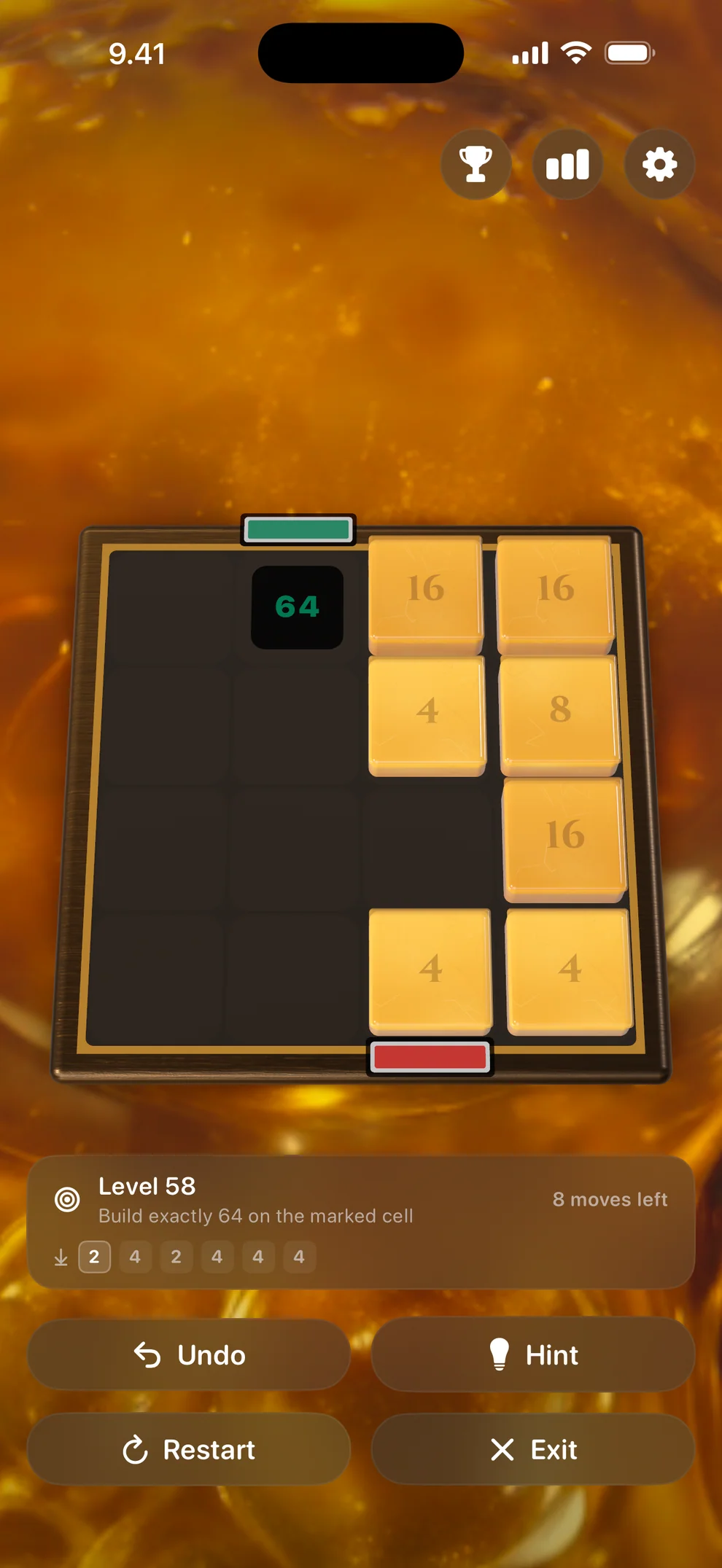 A level in progress: build exactly 64 on the marked cell, 8 moves left, the next arrivals queued below.