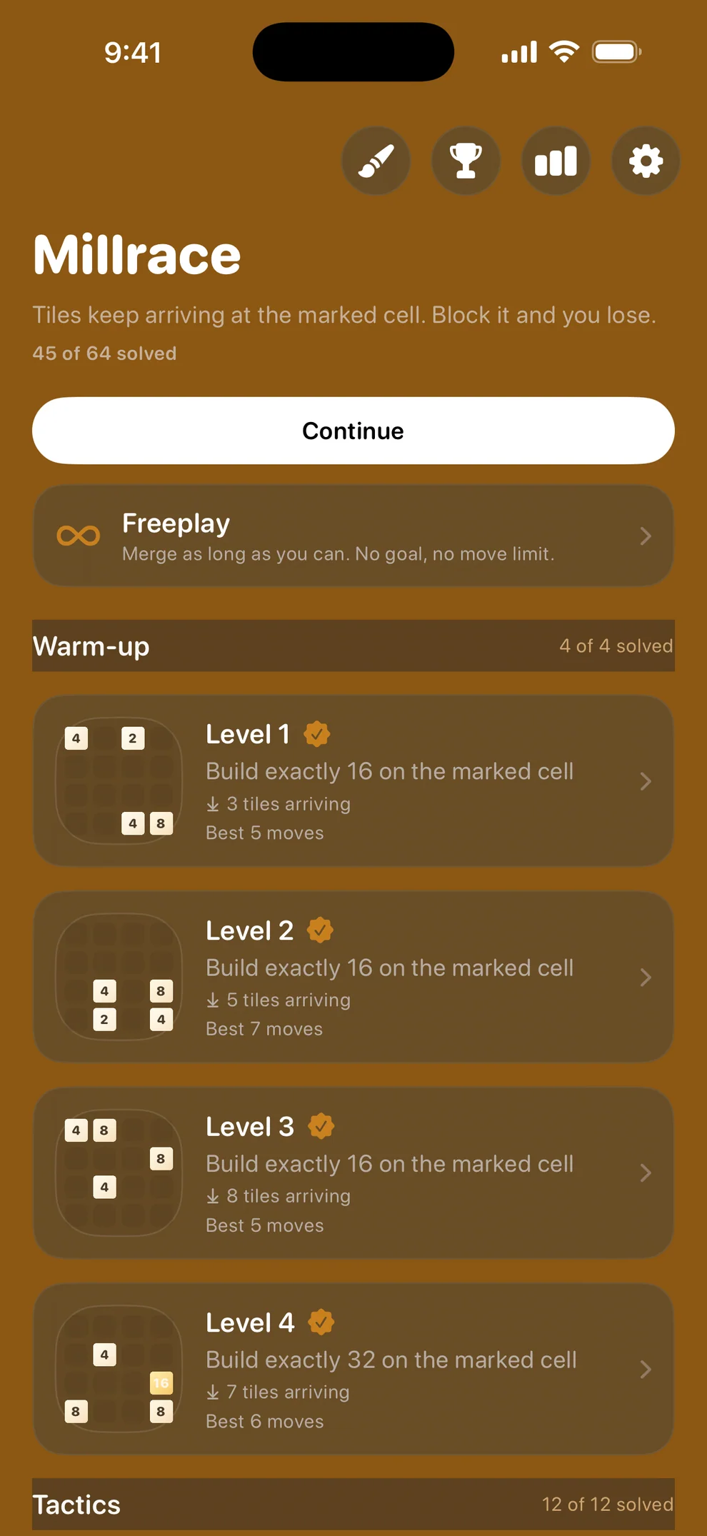 The app opens on the campaign: six chapters, your progress, and Freeplay one tap away.