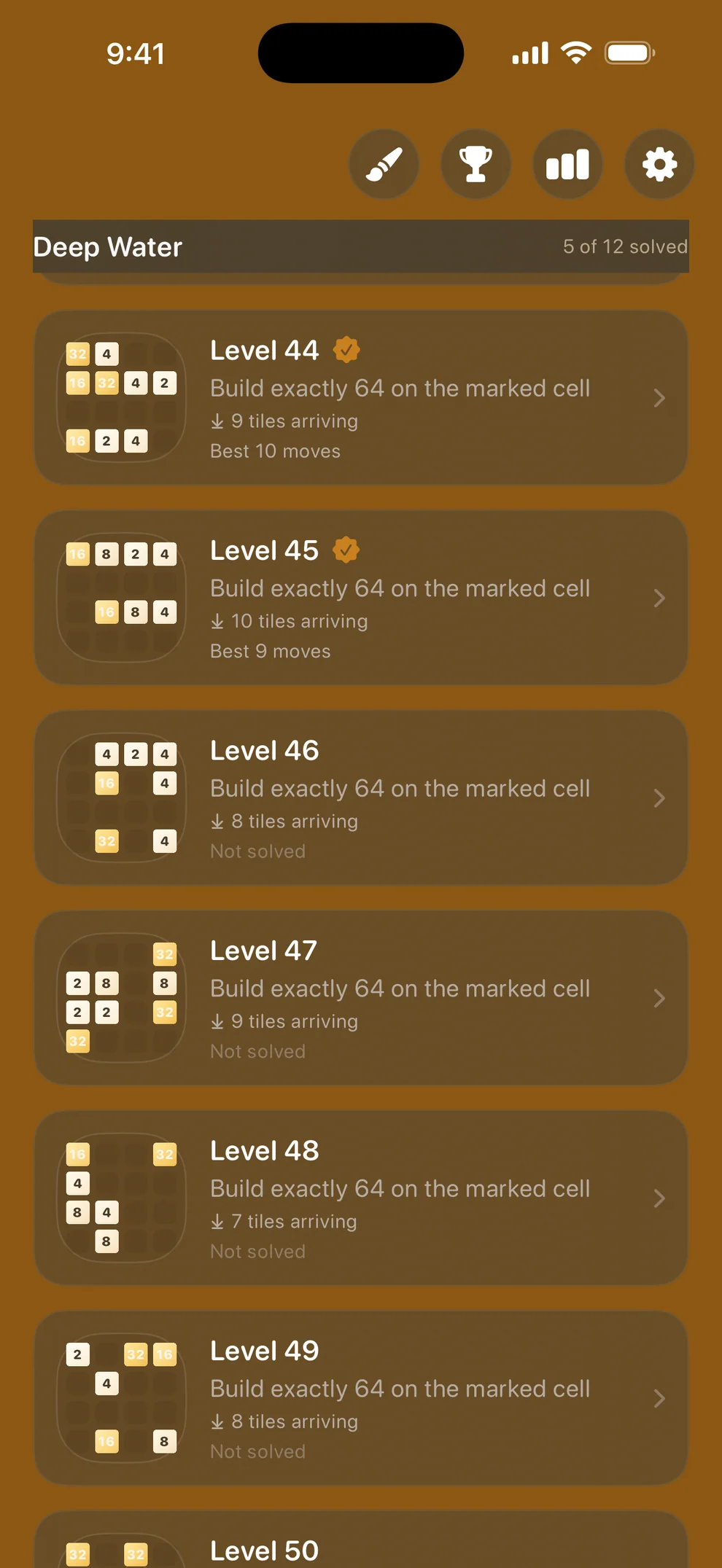 Deep Water: every level shows how many tiles will arrive and your best solve.