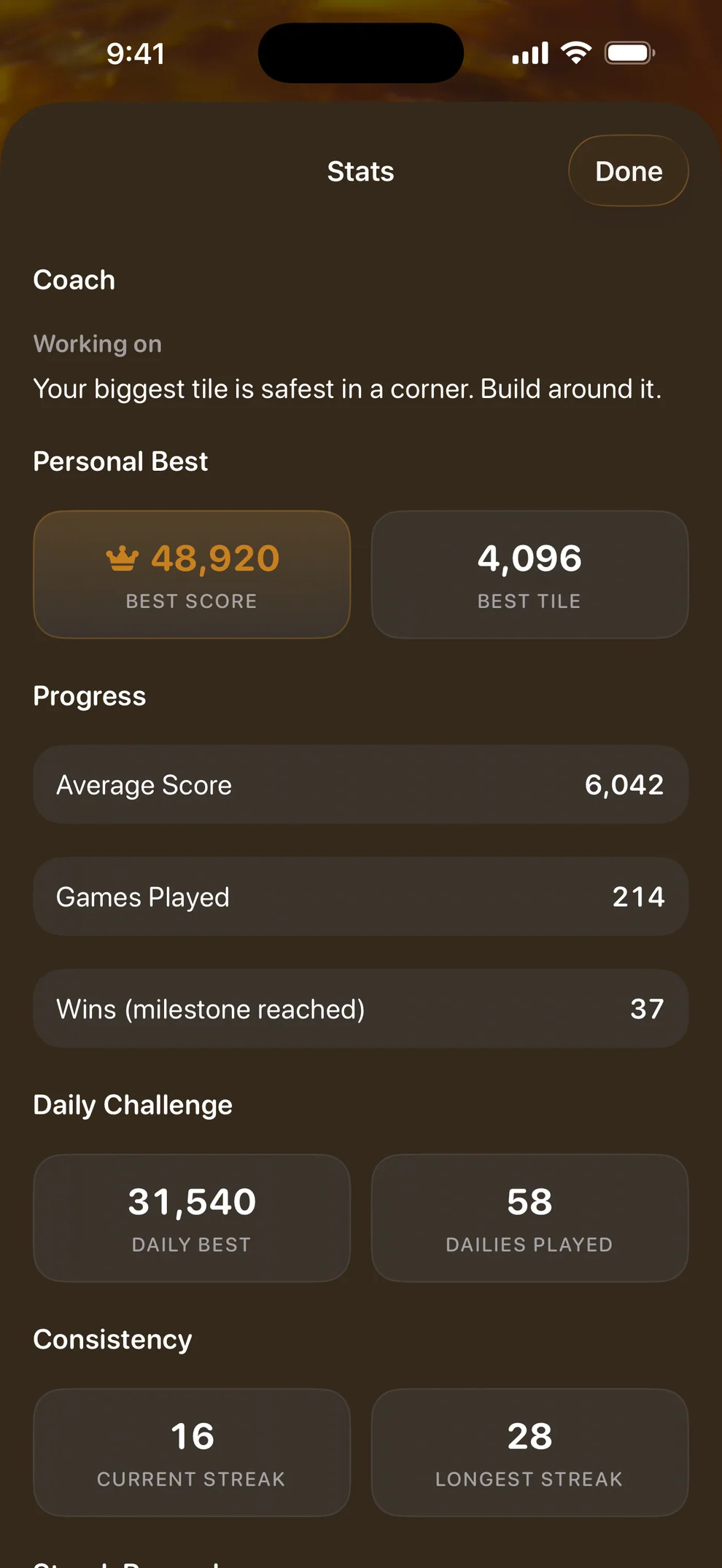 Stats: personal bests, daily results, and streaks.