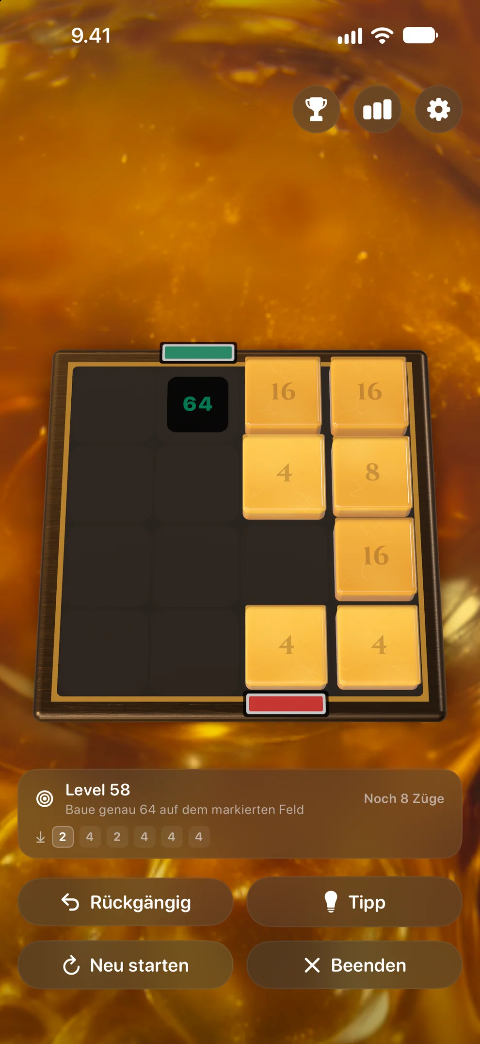 Ein Level läuft: genau 64 auf dem markierten Feld bauen, noch 8 Züge, die nächsten Kacheln warten unten.