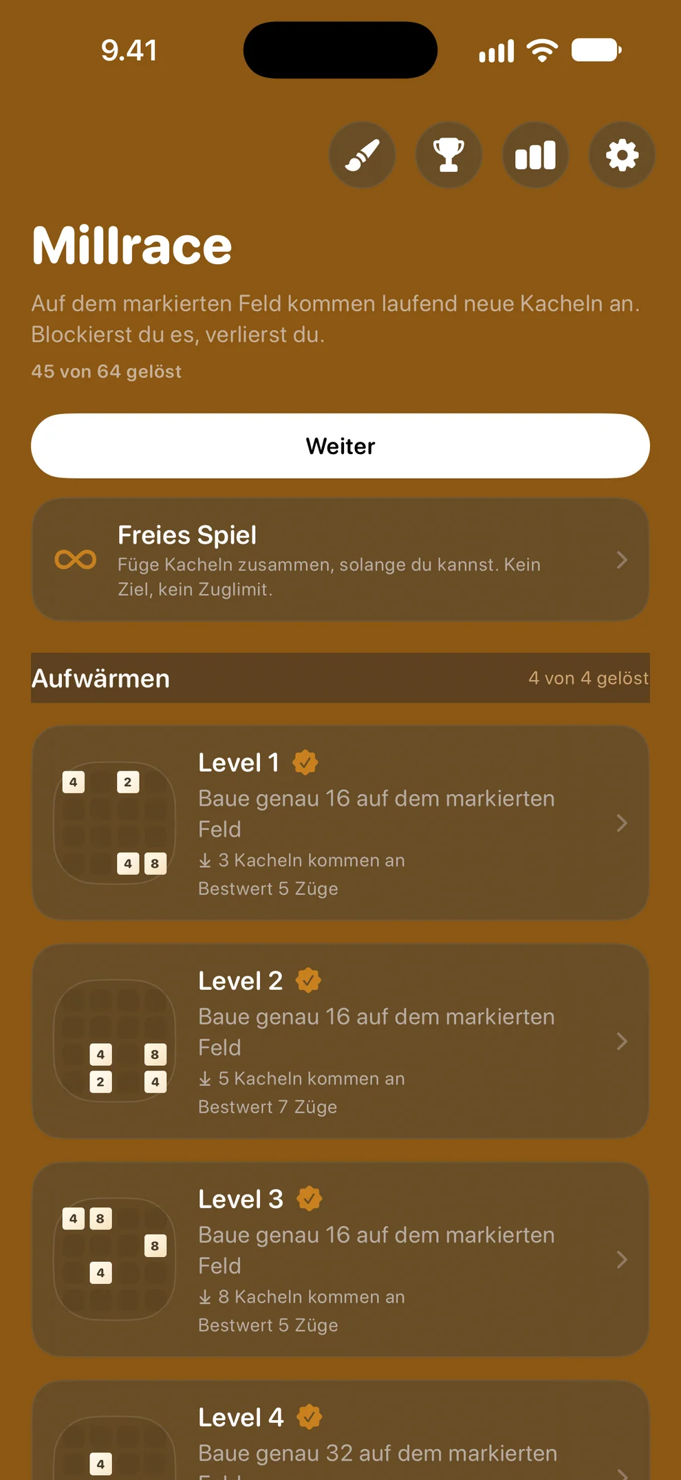 Die App startet mit der Kampagne: sechs Kapitel, dein Fortschritt und das Freie Spiel direkt erreichbar.