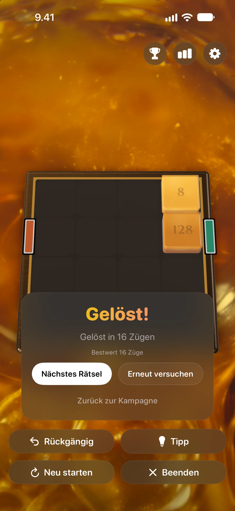 Gelöst: deine Zugzahl, dein Bestwert und die bestmögliche Zahl.