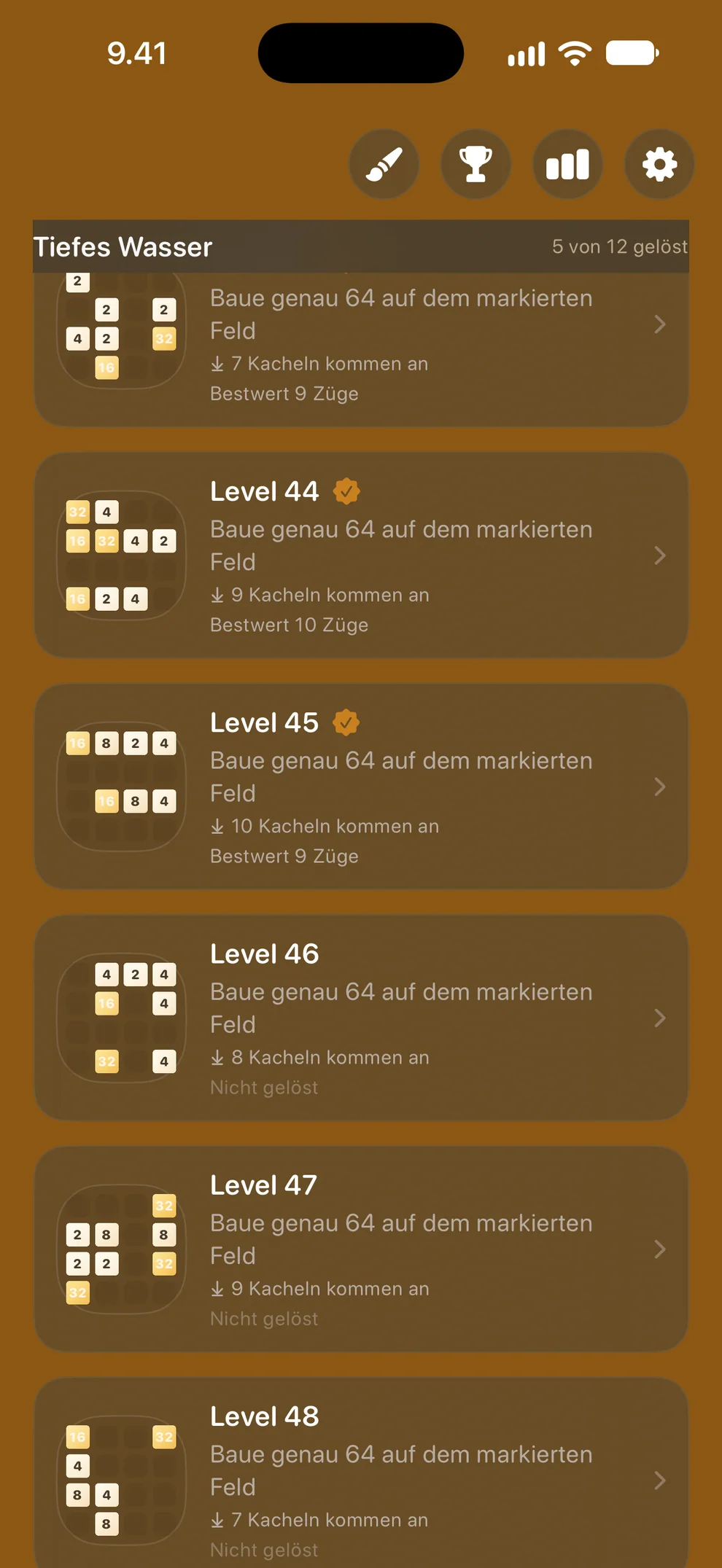 Tiefes Wasser: Jedes Level zeigt, wie viele Kacheln ankommen, und deine beste Lösung.