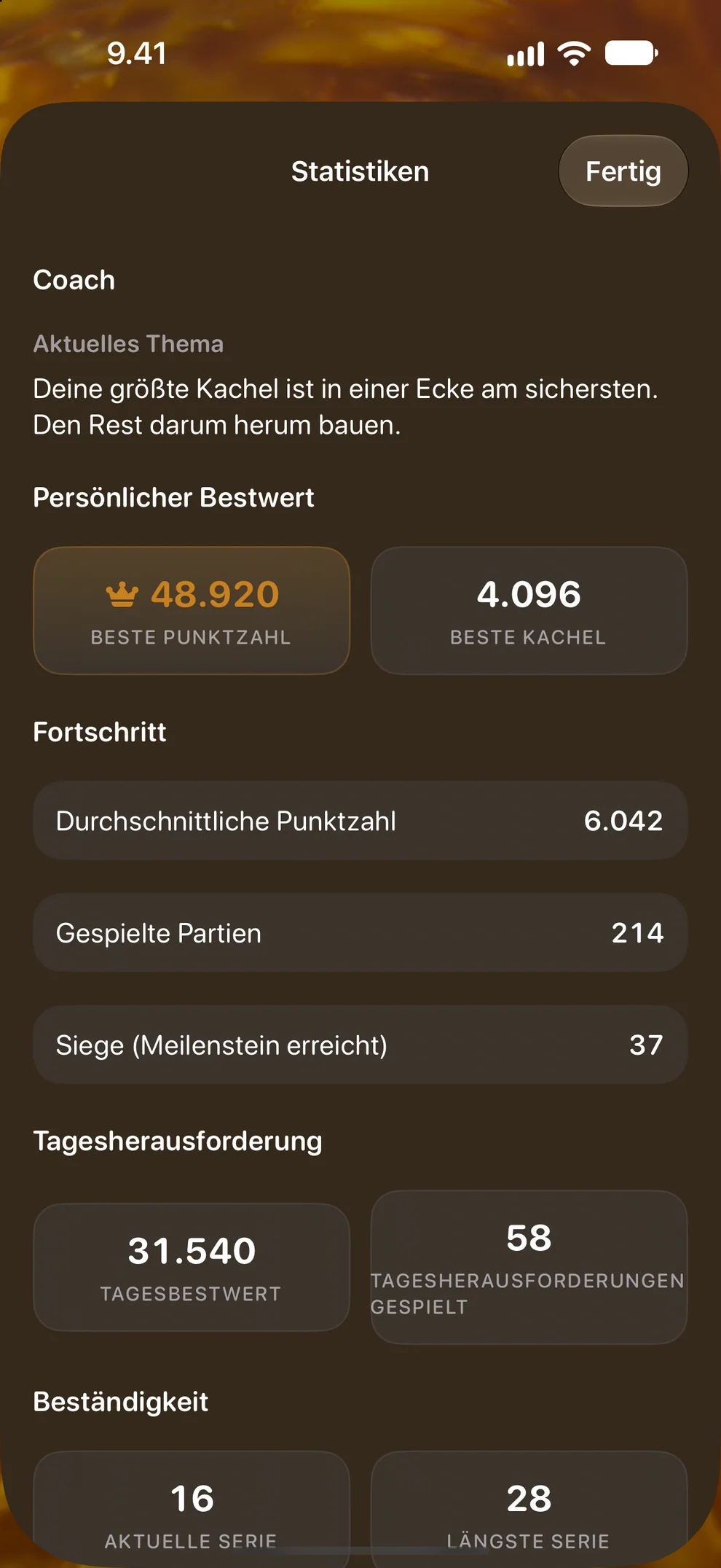 Statistiken: persönliche Bestwerte, Tagesergebnisse und Serien.