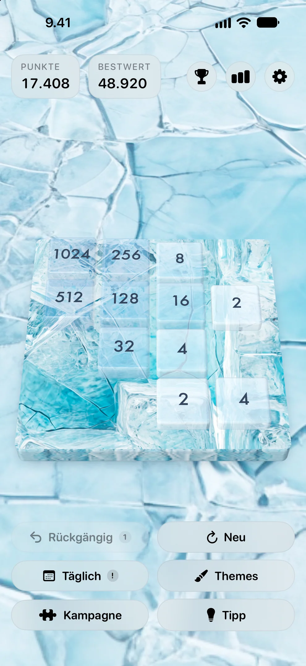 Glacier Ice, eines von 17 Themes auf einem 3D-Spielfeld, das du neigen kannst.