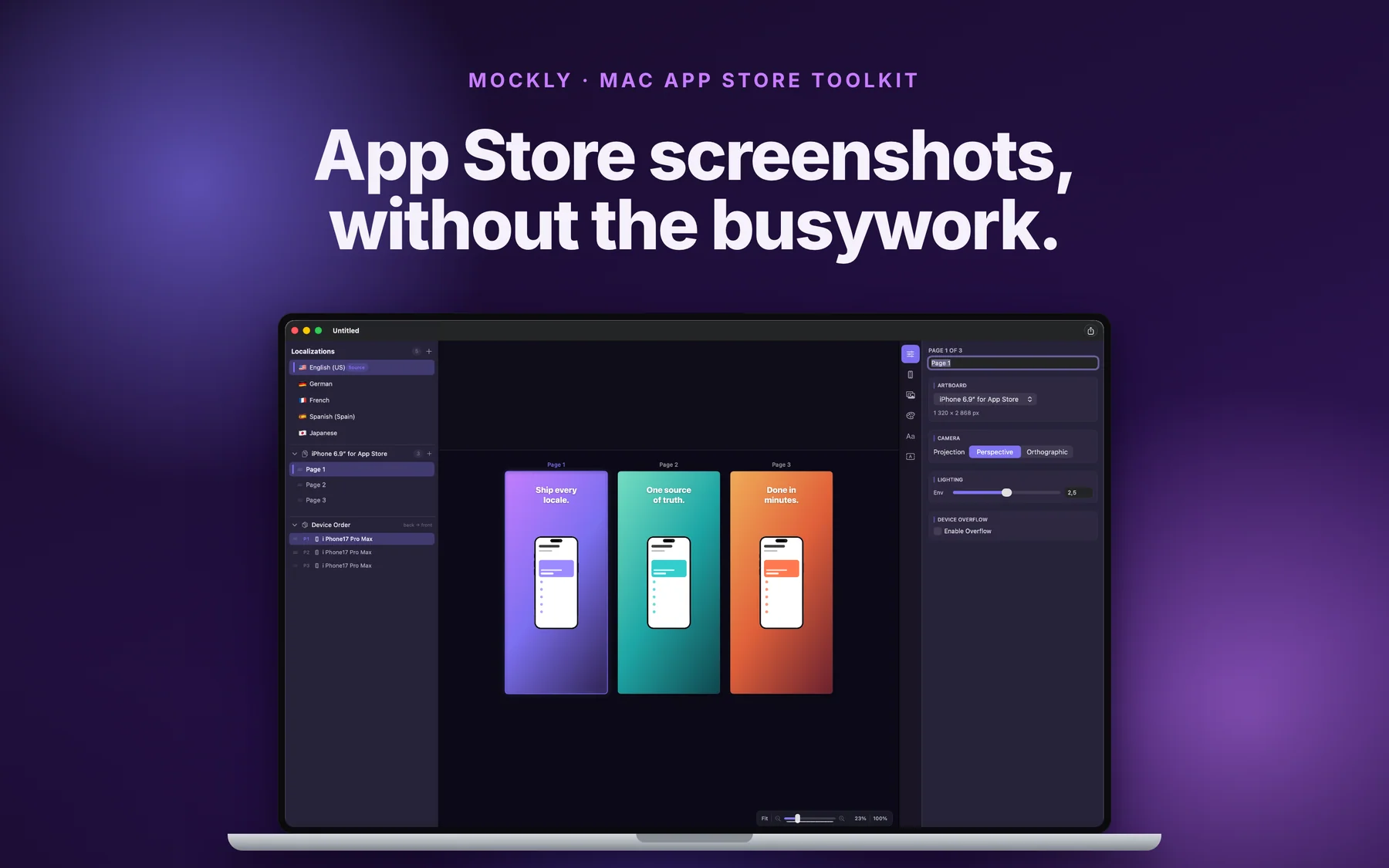 Mockly on a MacBook with three iPhone screenshot pages, the Localizations list, and the artboard settings