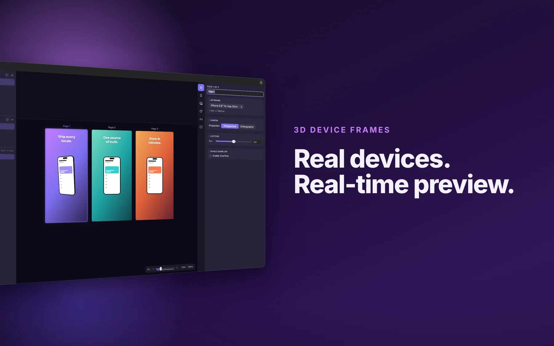 Mockly canvas with three iPhone pages next to the camera, lighting, and device overflow settings