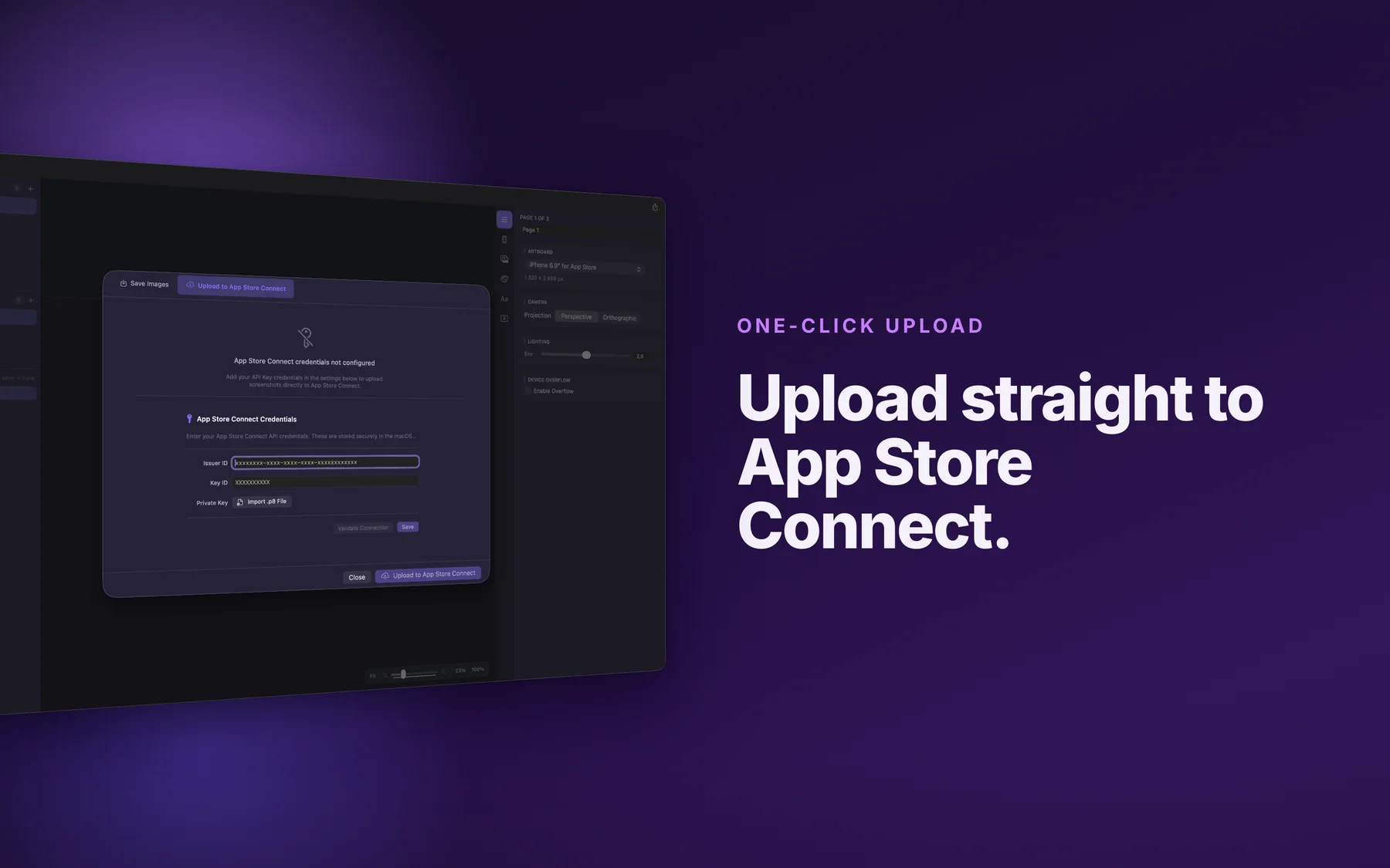 Mockly App Store Connect upload panel asking for the Issuer ID, Key ID, and private key