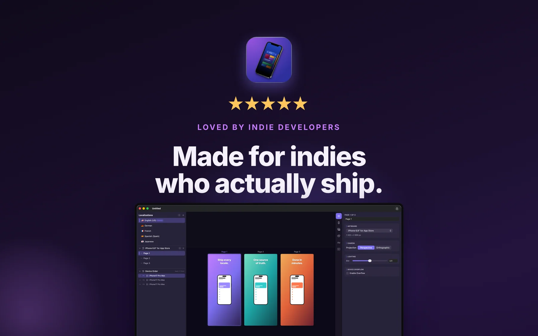 Mockly app icon above the editor with three iPhone screenshot pages
