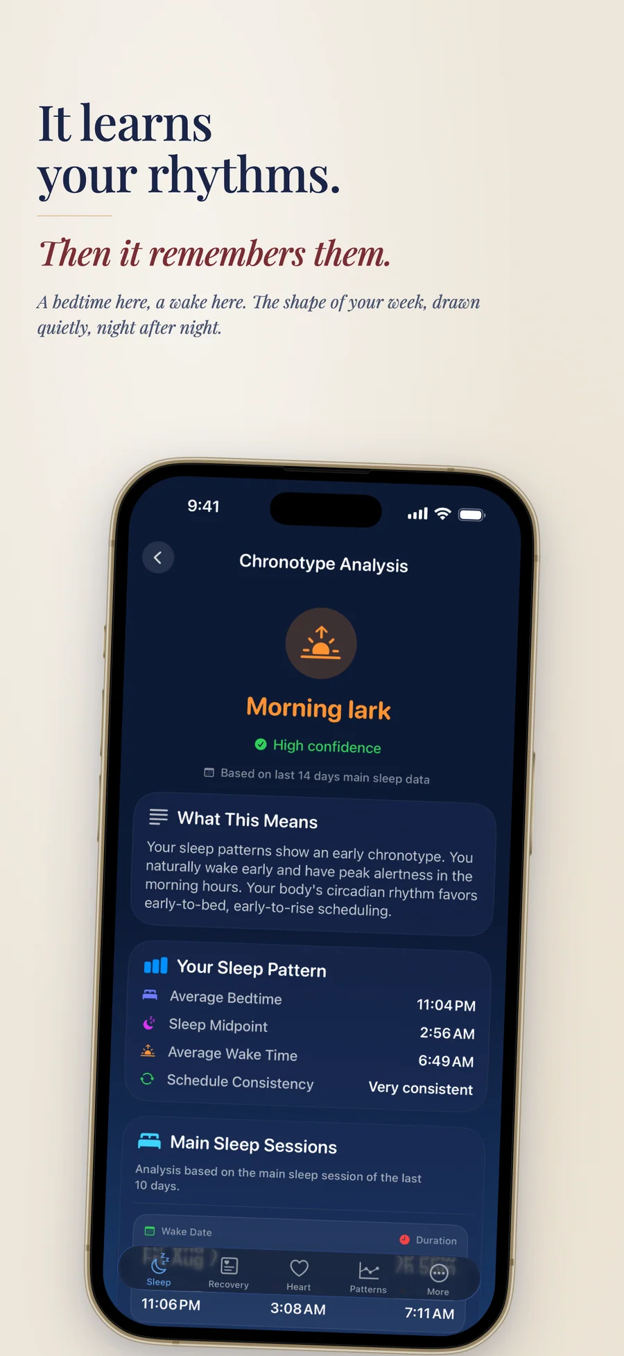 Observa chronotype analysis showing a morning lark profile