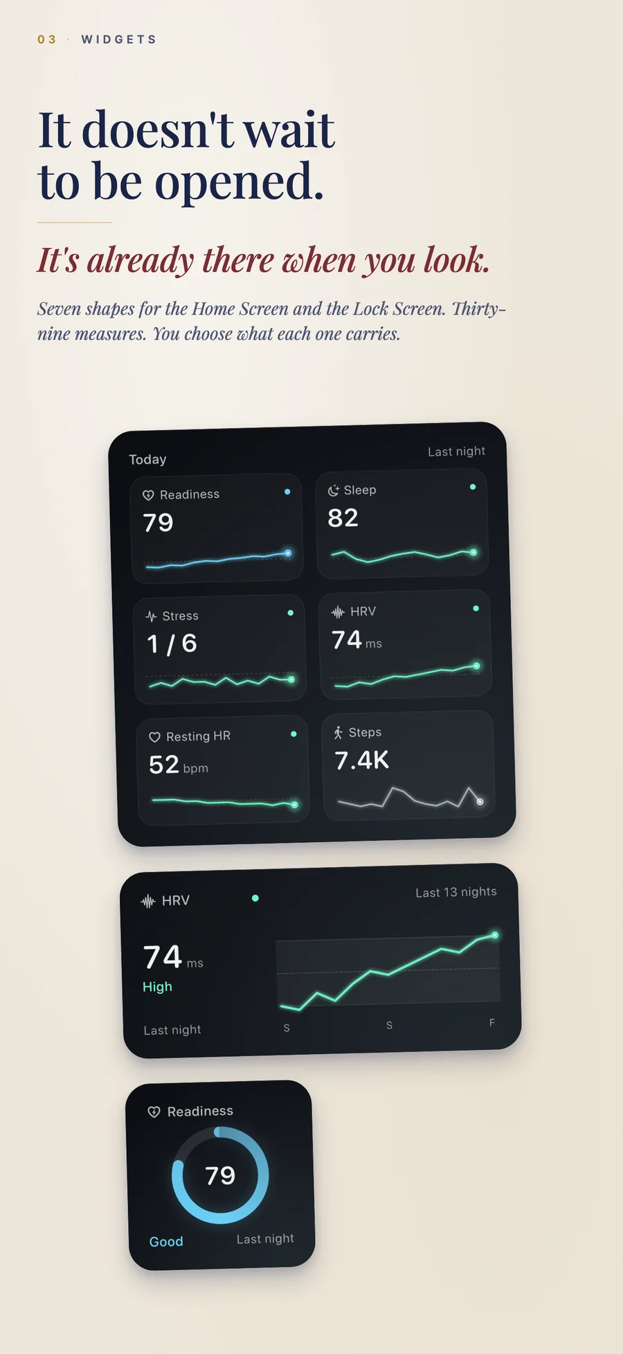 Observa Home Screen widgets showing sleep, recovery, and steps