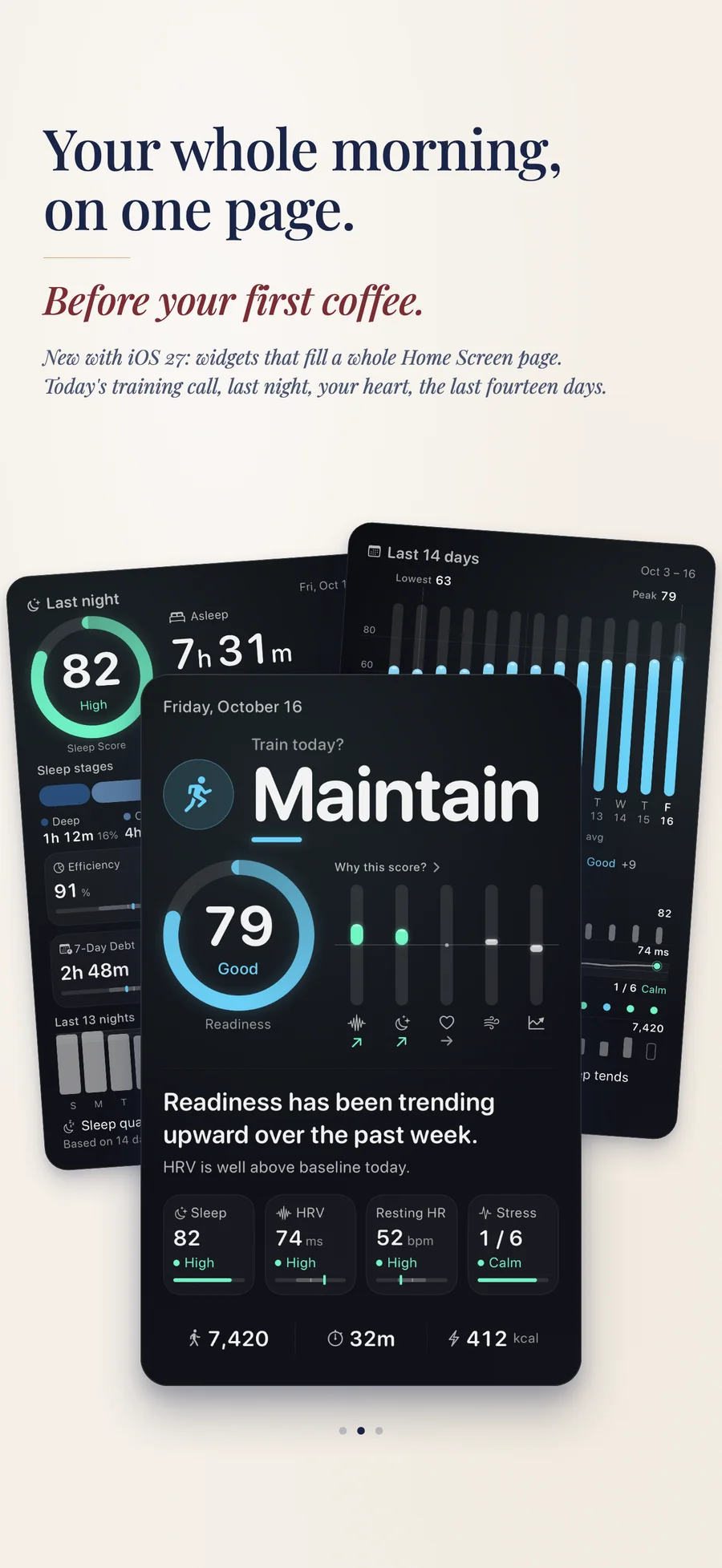 Observa full-page widget with readiness and sleep for the whole morning