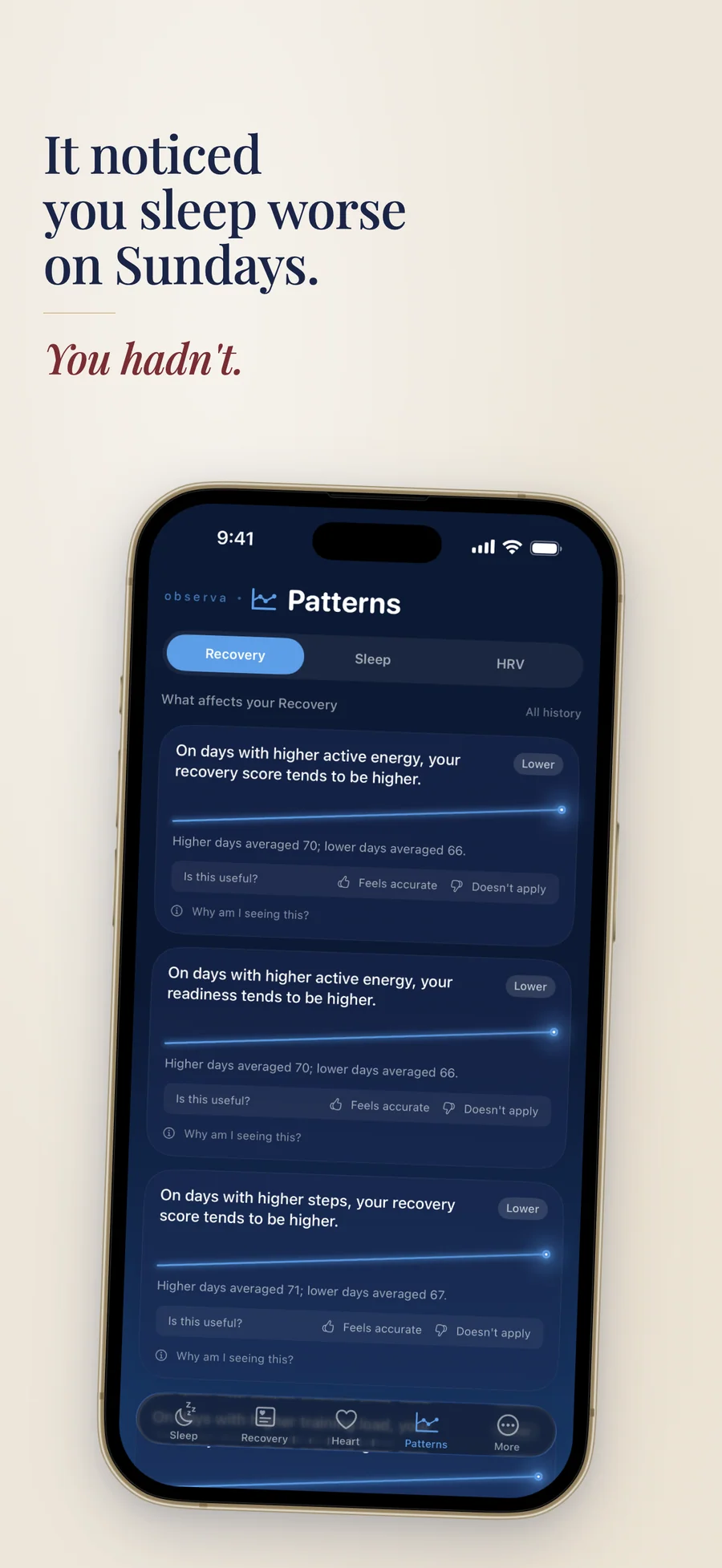 Observa patterns screen with a calendar heatmap and goal progress