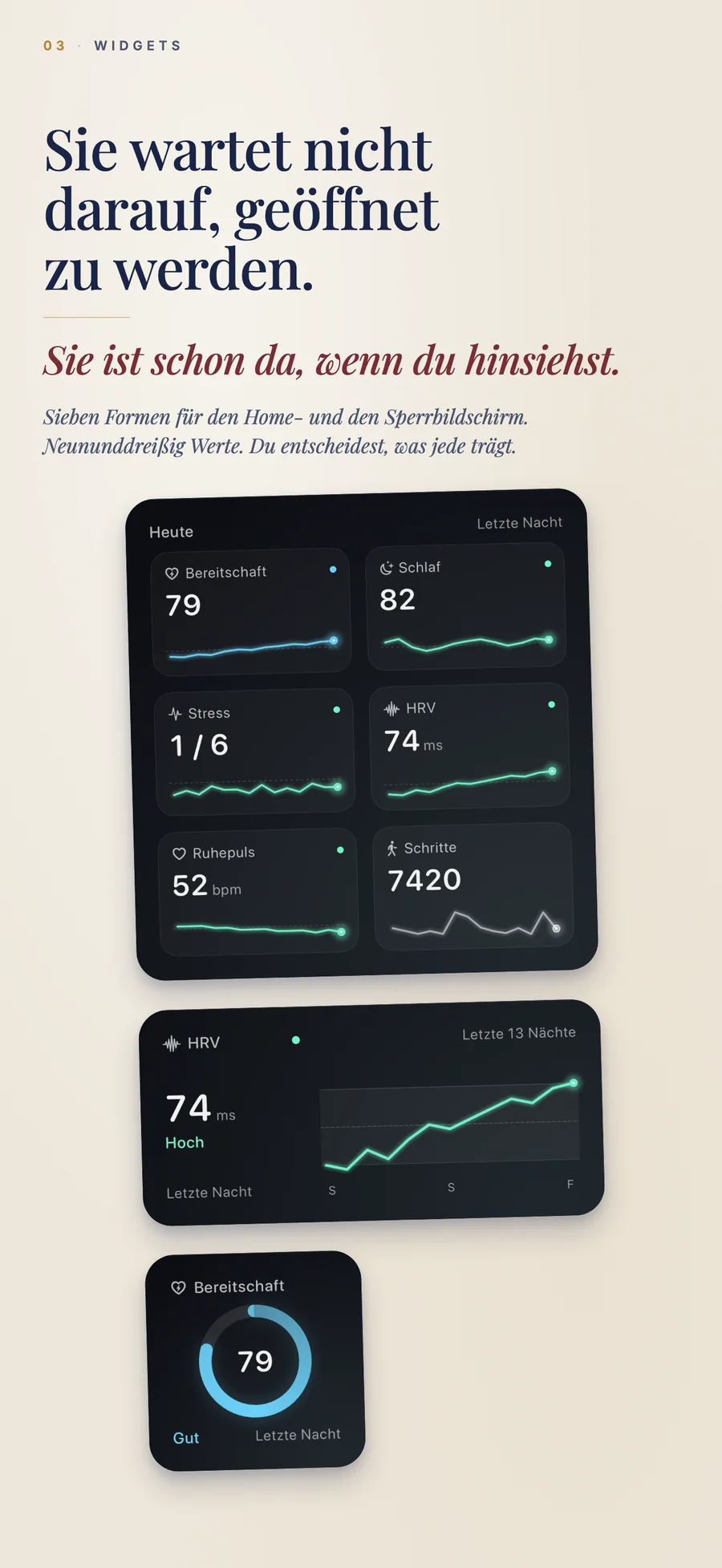 Widgets von Observa auf dem Home-Bildschirm mit Schlaf, Erholung und Schritten