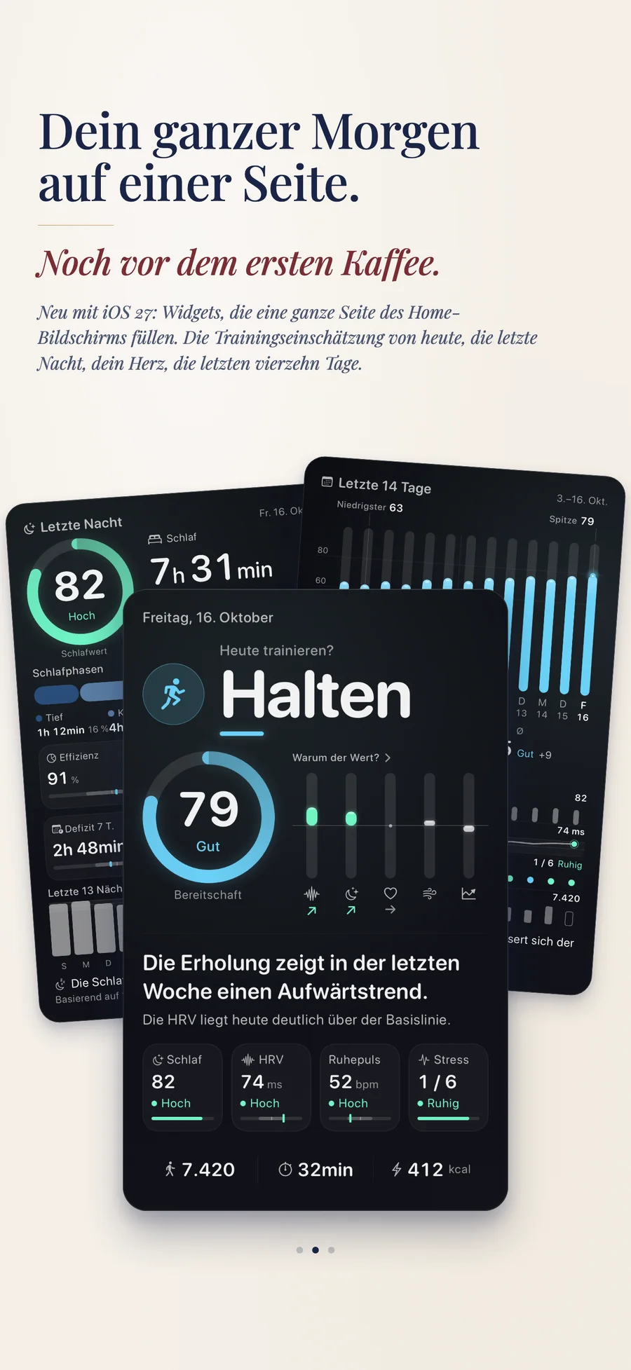 Ganzseitiges Widget von Observa mit Bereitschaft und Schlaf für den ganzen Morgen