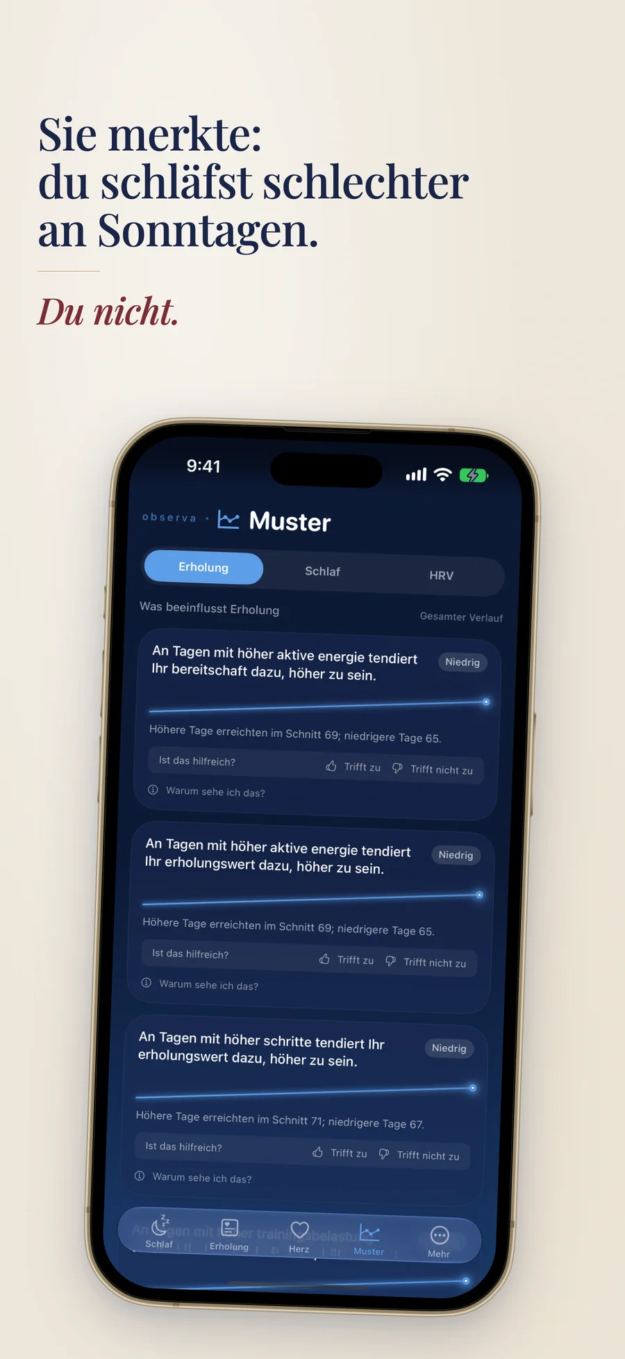 Muster-Ansicht von Observa mit Kalender-Heatmap und Zielfortschritt