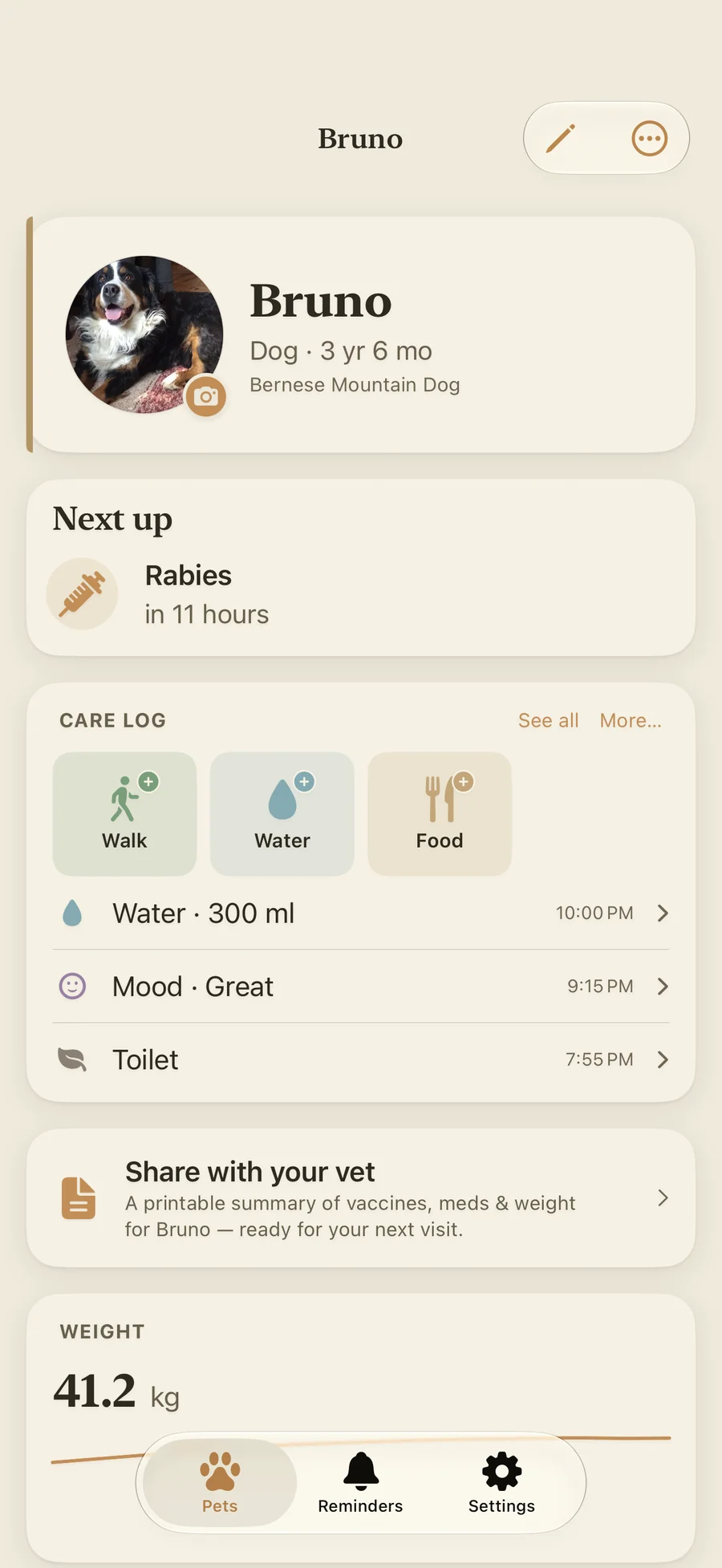 Pawza pet dashboard showing a dog profile, next medication, care log and weight