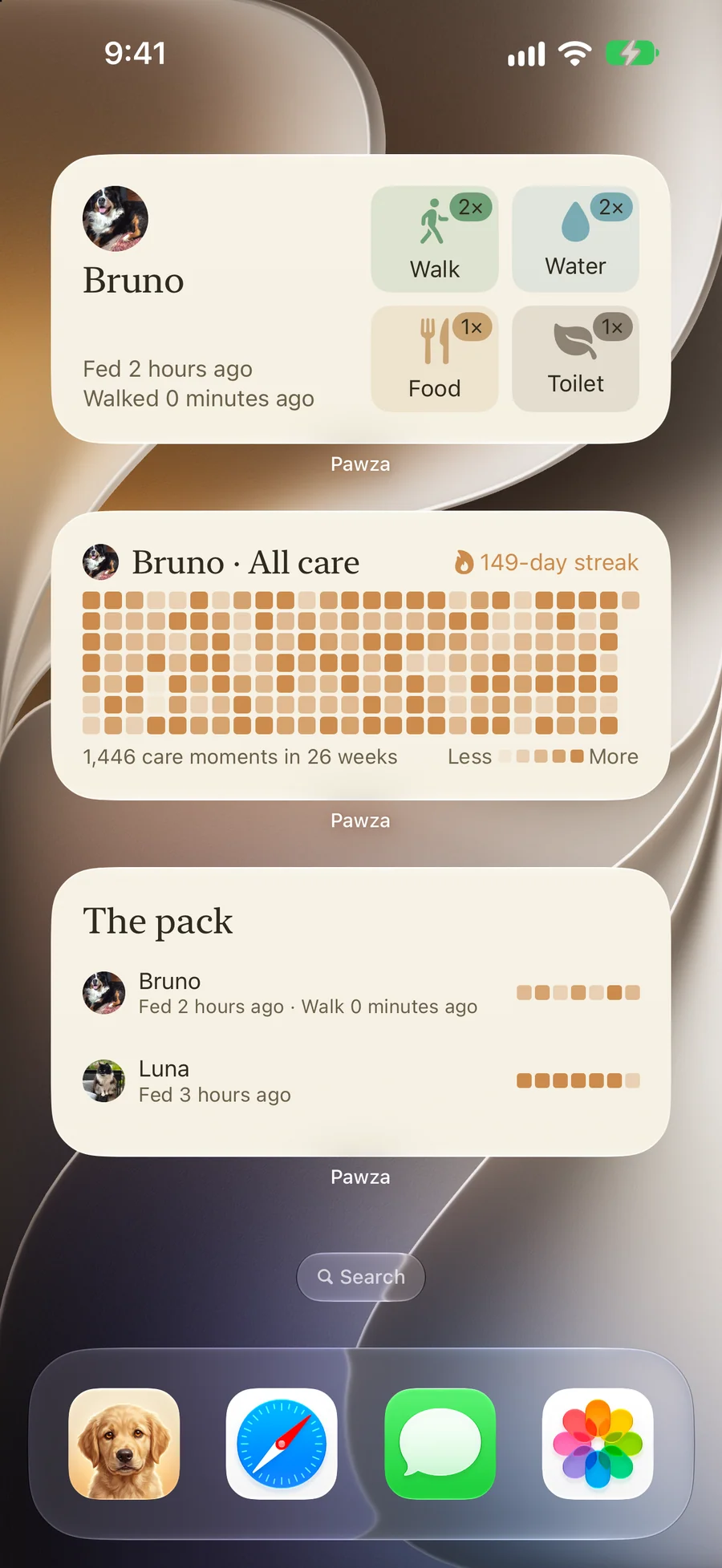 Pawza Home Screen widgets showing care logs and a heatmap of care over time