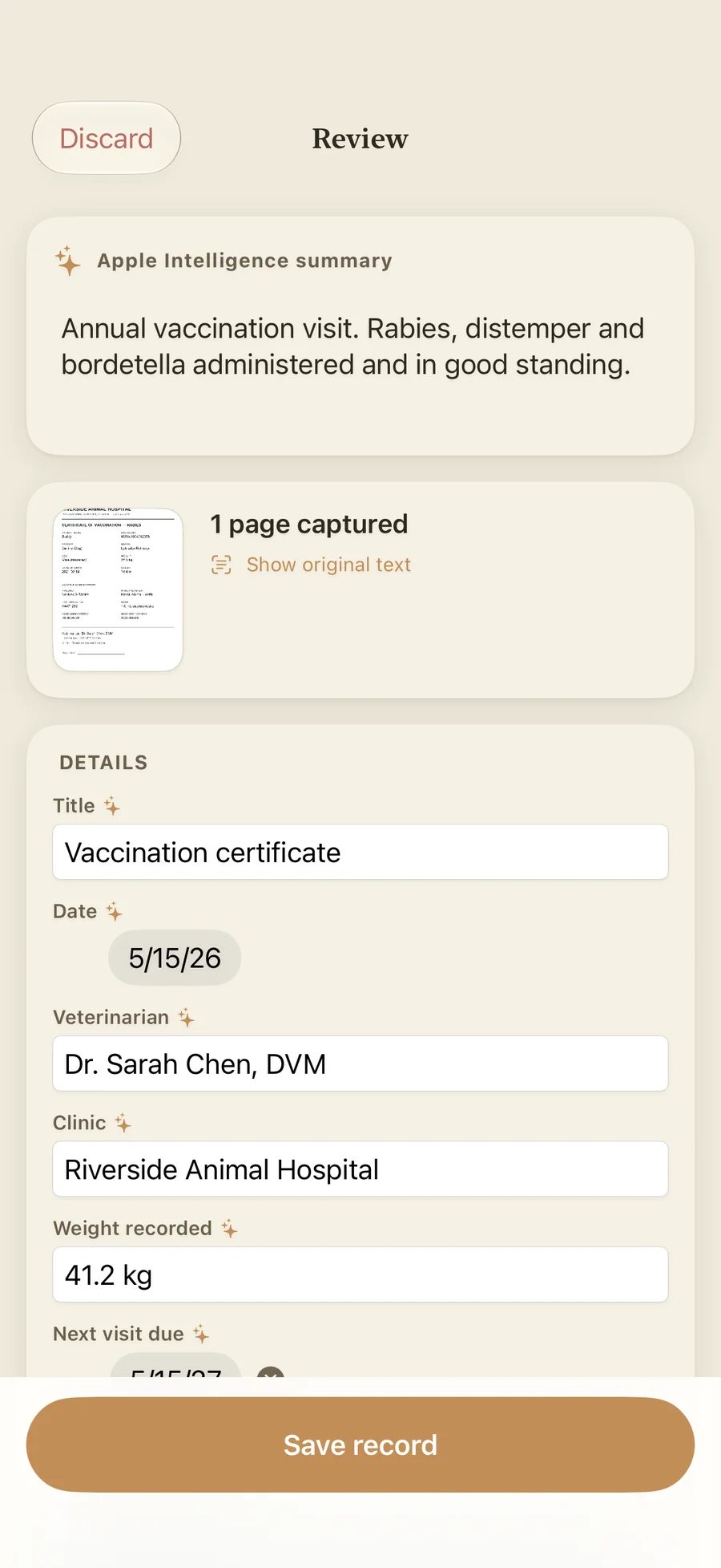 Pawza document scan of a vaccination certificate with extracted details to confirm