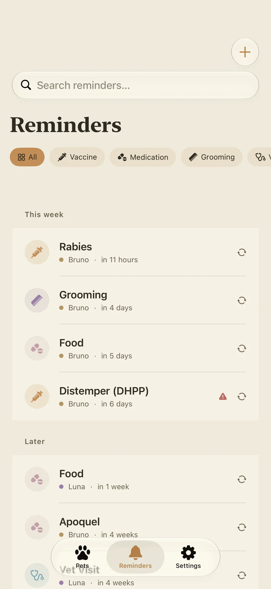 Pawza reminders grouped by this week and later for medication, grooming and vaccines