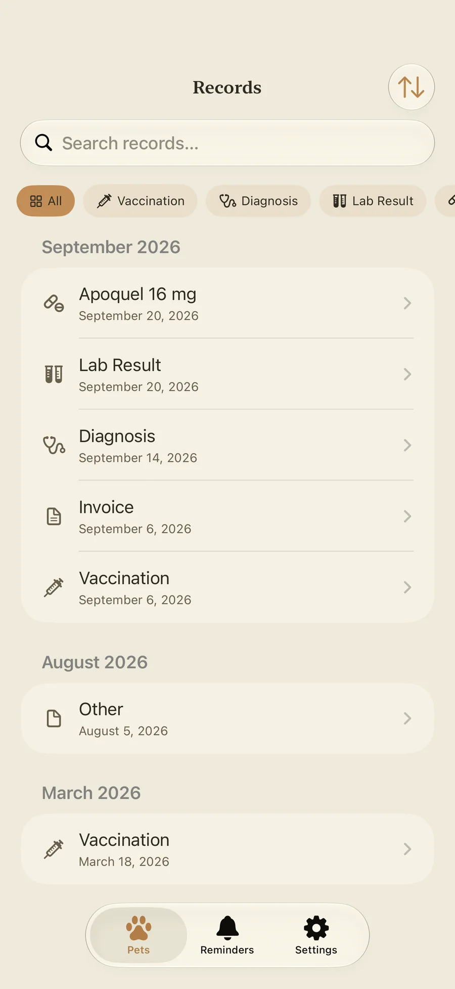 Pawza health records with vaccinations, lab results and diagnoses
