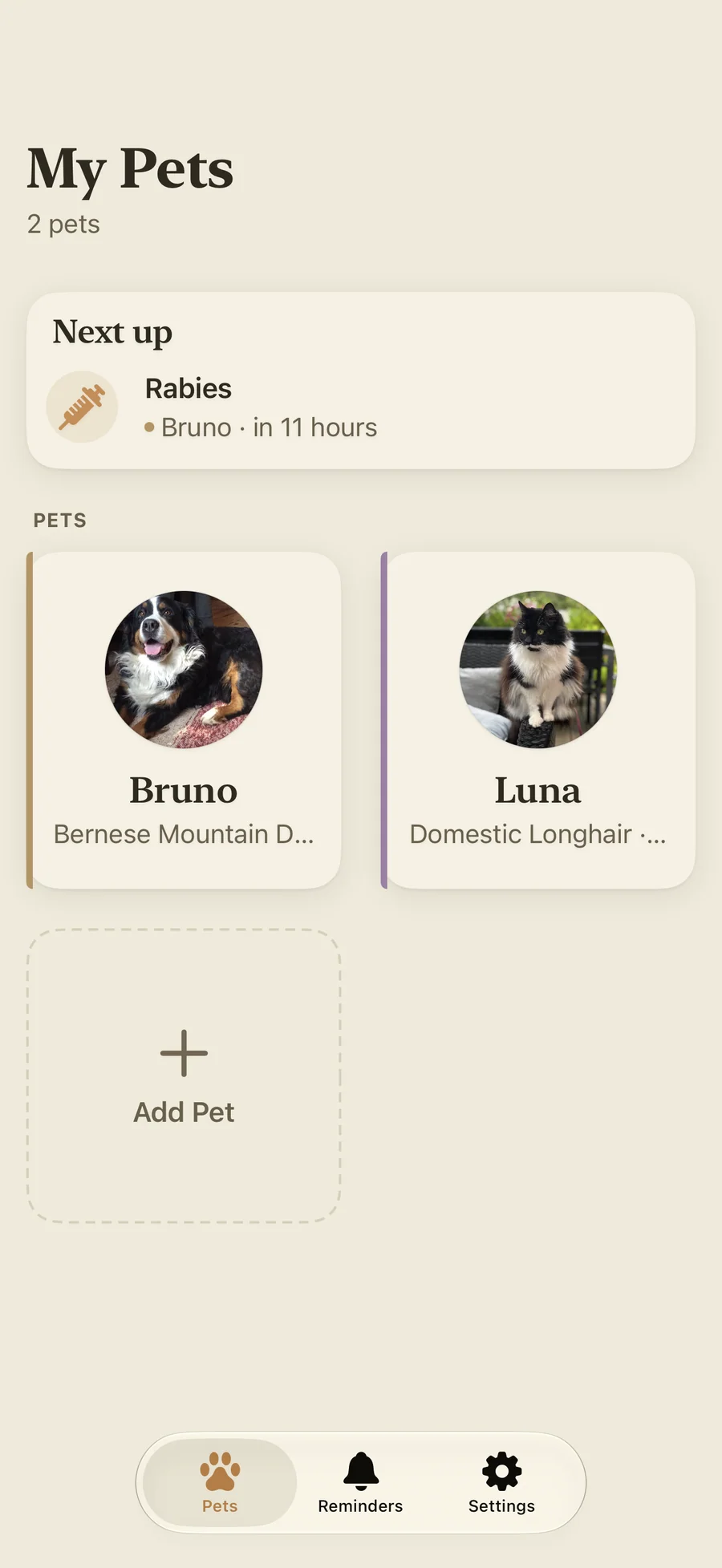 Pawza My Pets screen with a profile for each pet and an add-pet button
