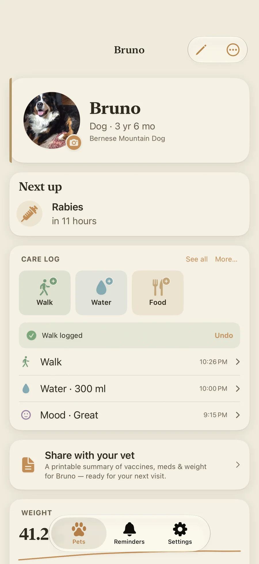 Pawza care log with walk, water, food and toilet entries and a shareable vet summary
