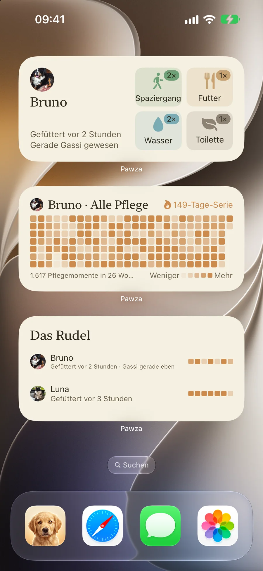 Pawza-Widgets auf dem Home-Bildschirm mit Pflegeprotokollen und einer Heatmap der Pflege über die Zeit