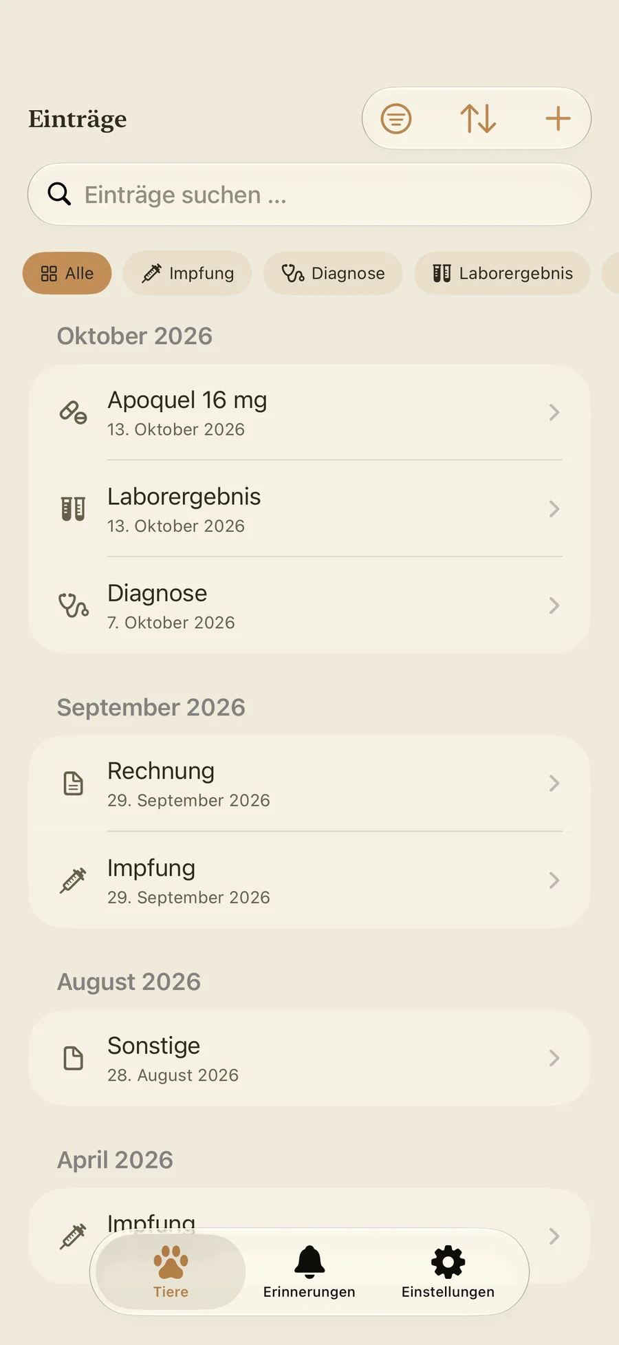 Einträge in Pawza mit Impfungen, Laborbefunden und Diagnosen