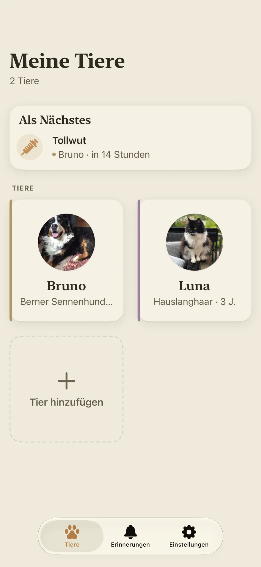 Pawza-Bildschirm „Meine Tiere“ mit einem Profil pro Tier und einer Taste zum Hinzufügen