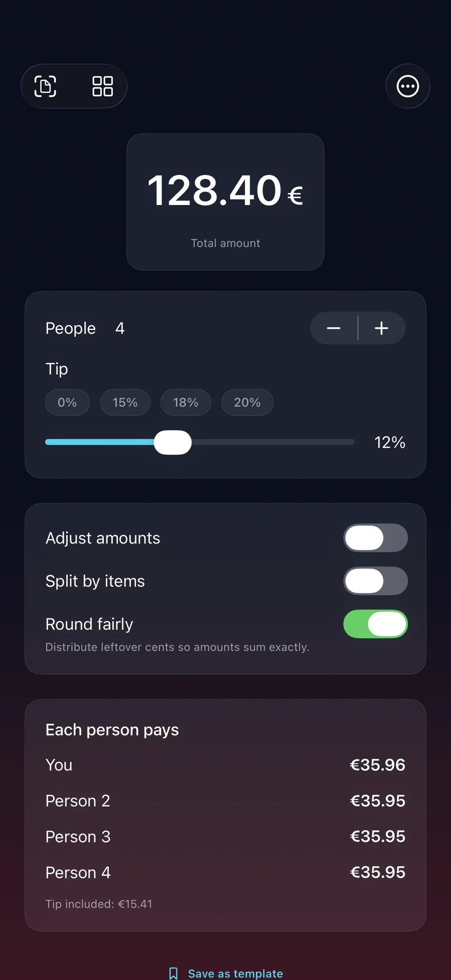 RightSplit split screen with total, tip and adjustable amounts per person